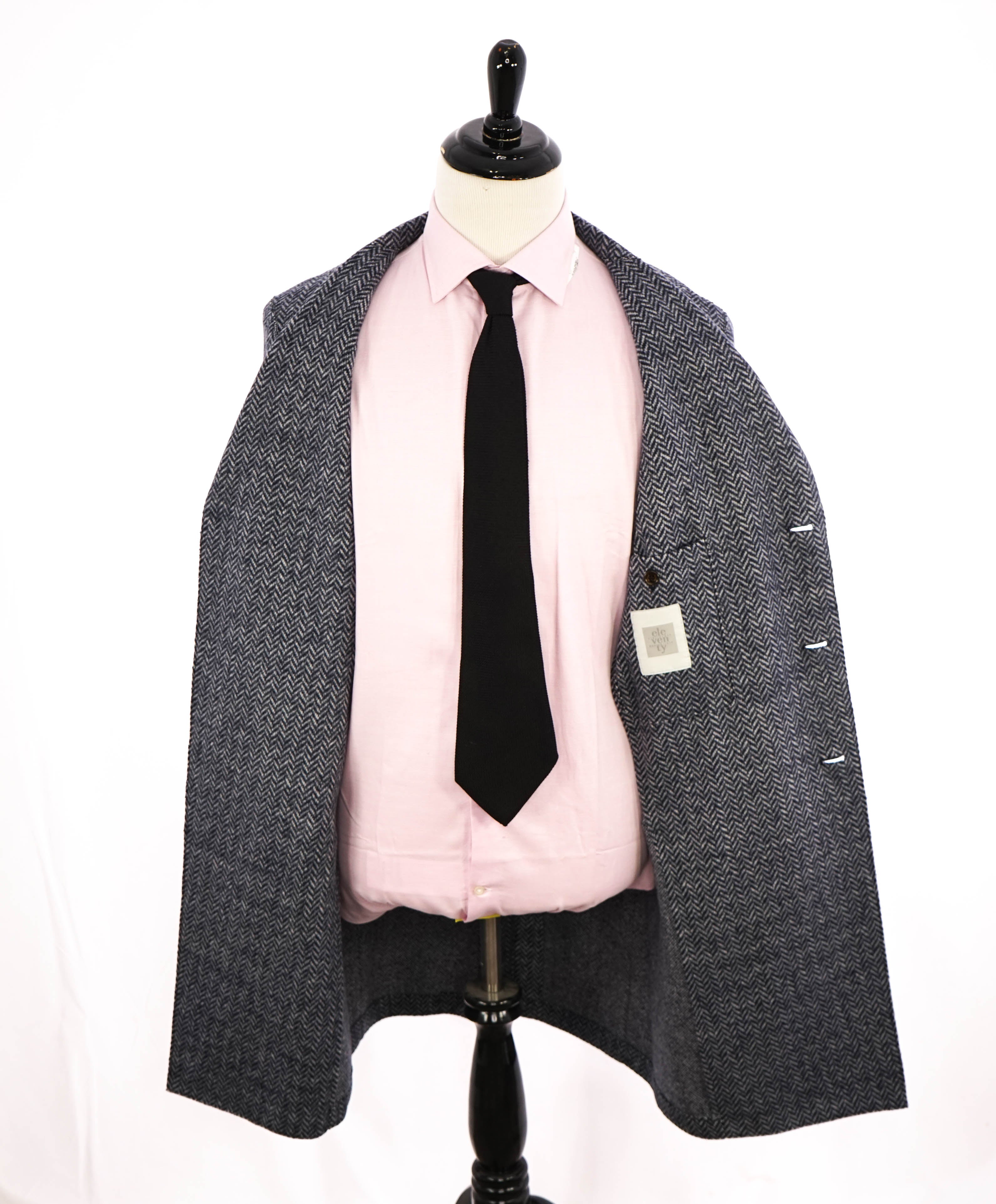 ELEVENTY - Blue Herringbone Suede Detail Logo Button Coat - 38R (48 EU)