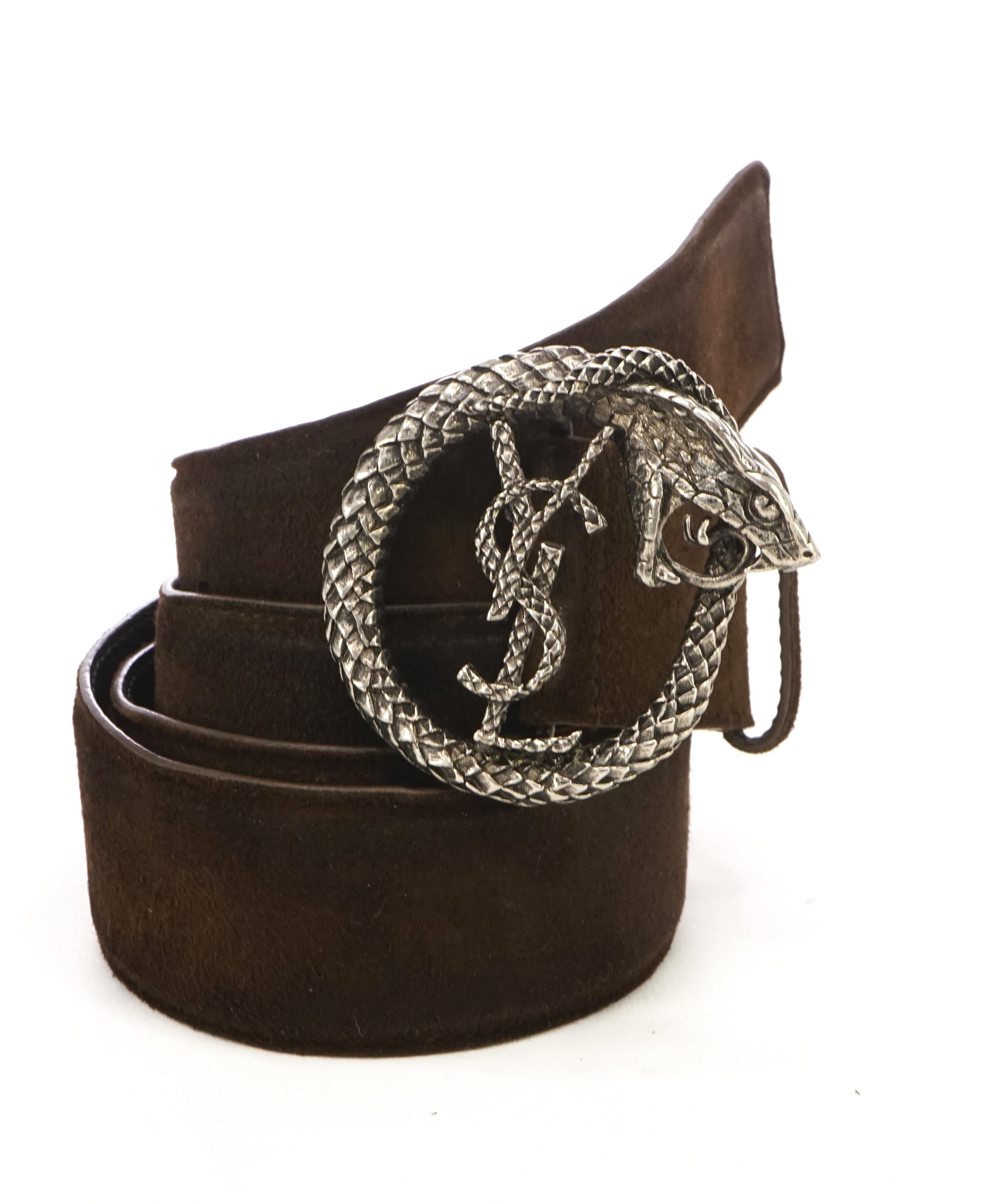 YVES SAINT LAURENT - YSL Brown Distressed Suede SERPENT BUCKLE Belt -38W (95)