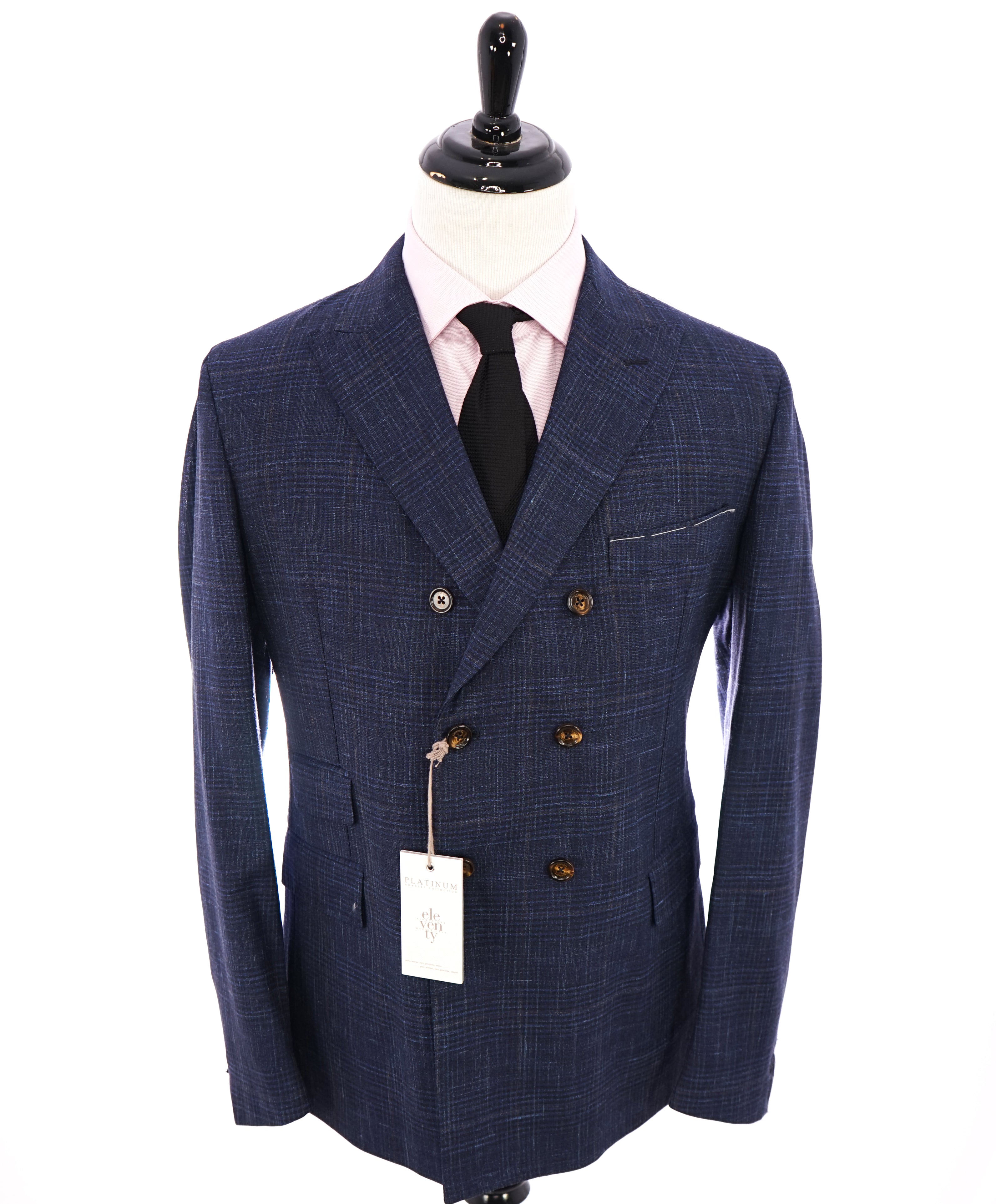 ELEVENTY - "PLATINUM" Hand Made Double Breasted Blue SILK/LINEN Suit - 44R