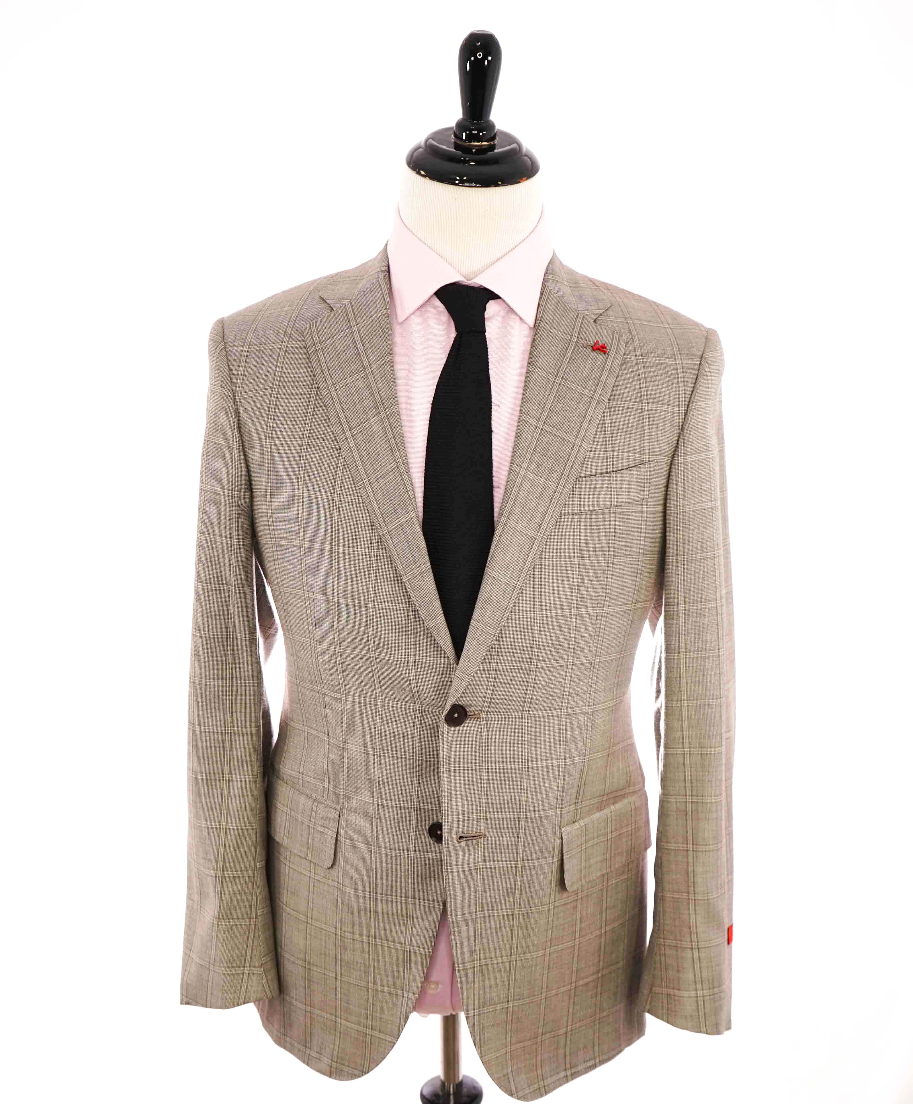 $3,750 ISAIA - Neutral Windowpane *NATURAL BLACK SHEEP* Coral Pin Suit - 40R