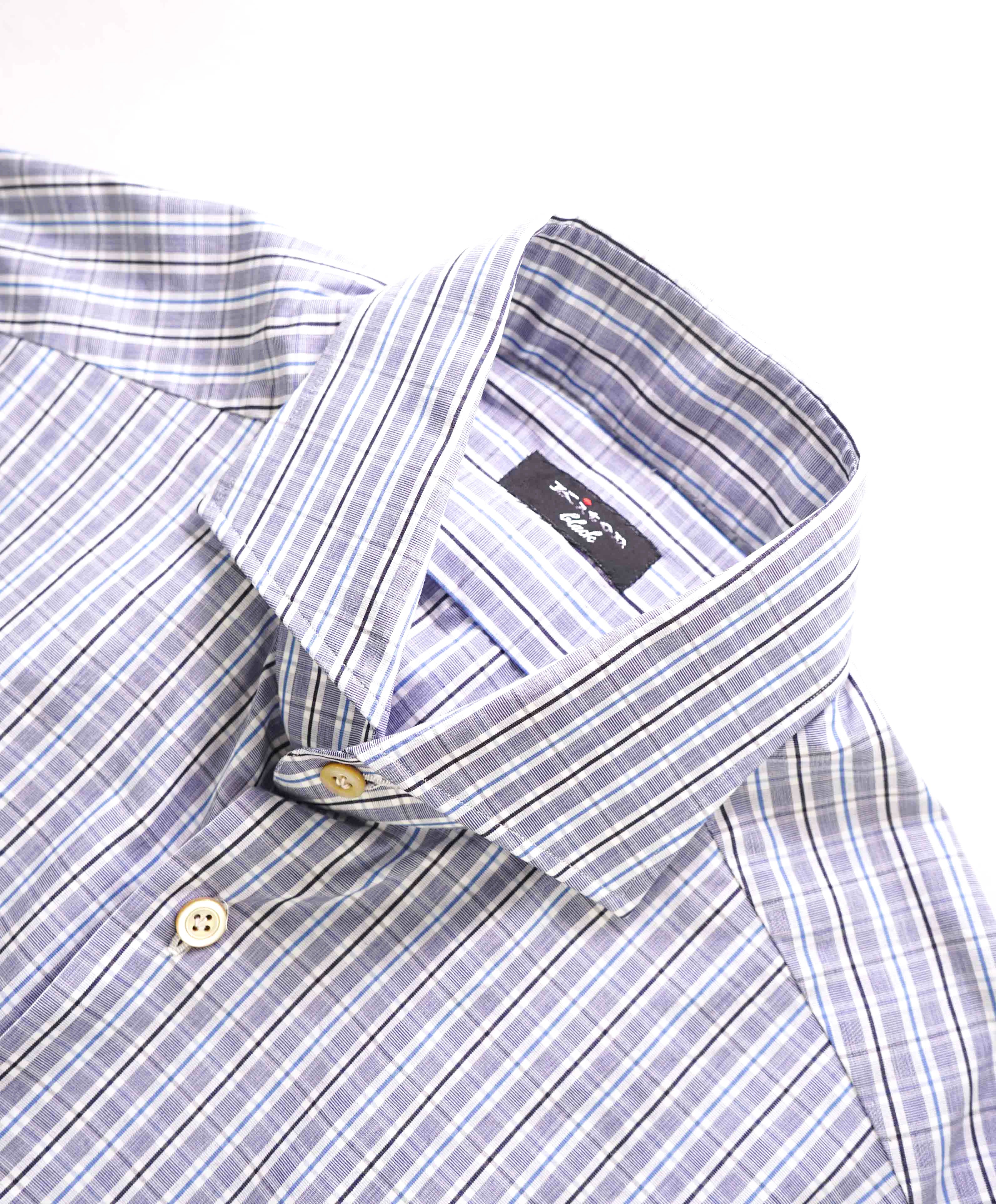 $995 KITON - BLACK Gray/Blue Check CUTAWAY Collar Button Down Shirt - 15.5 39