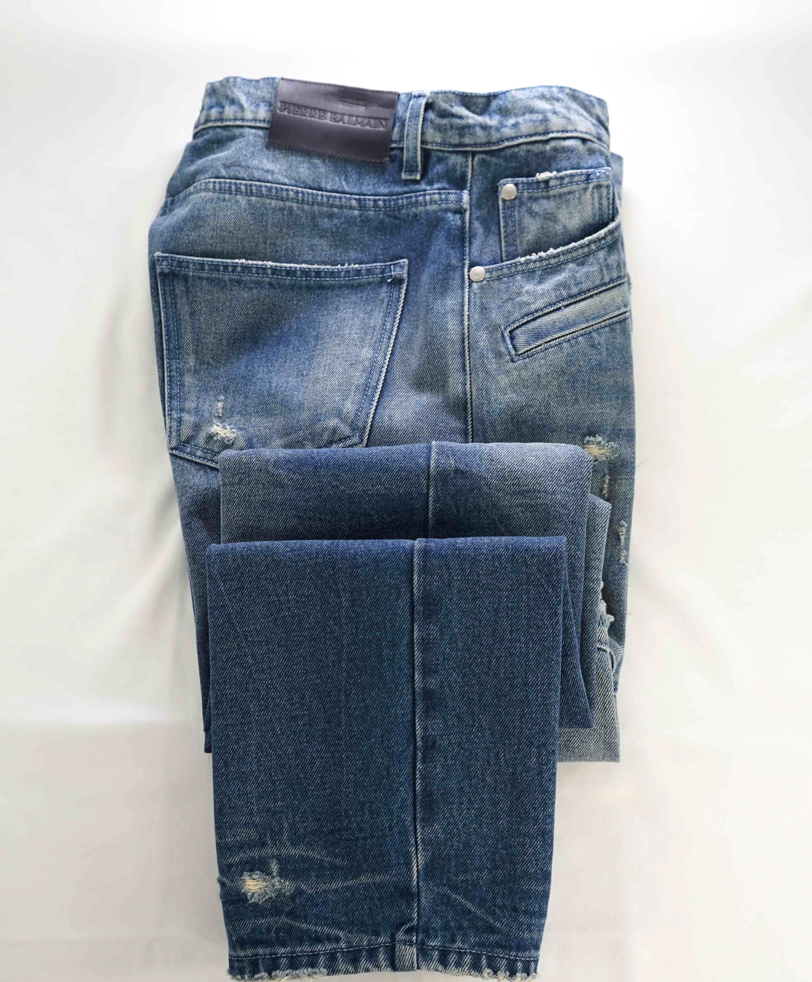 $820 PIERRE BALMAIN - Blue Distressed Biker Jeans *NWD* - 34W