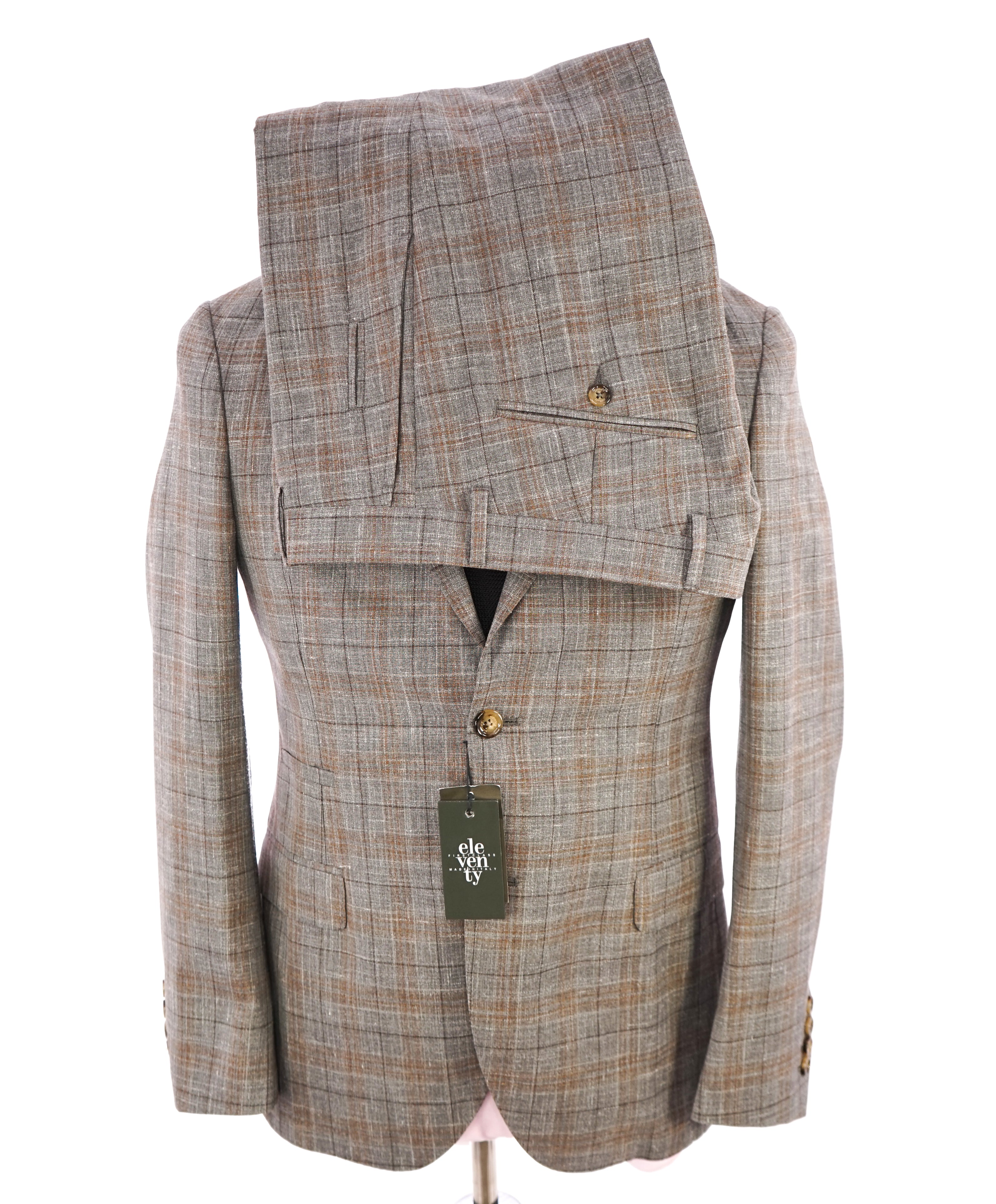 ELEVENTY - "PREMIUM" Camel & Gray Check WOOL/SILK/LINEN Suit - 38R