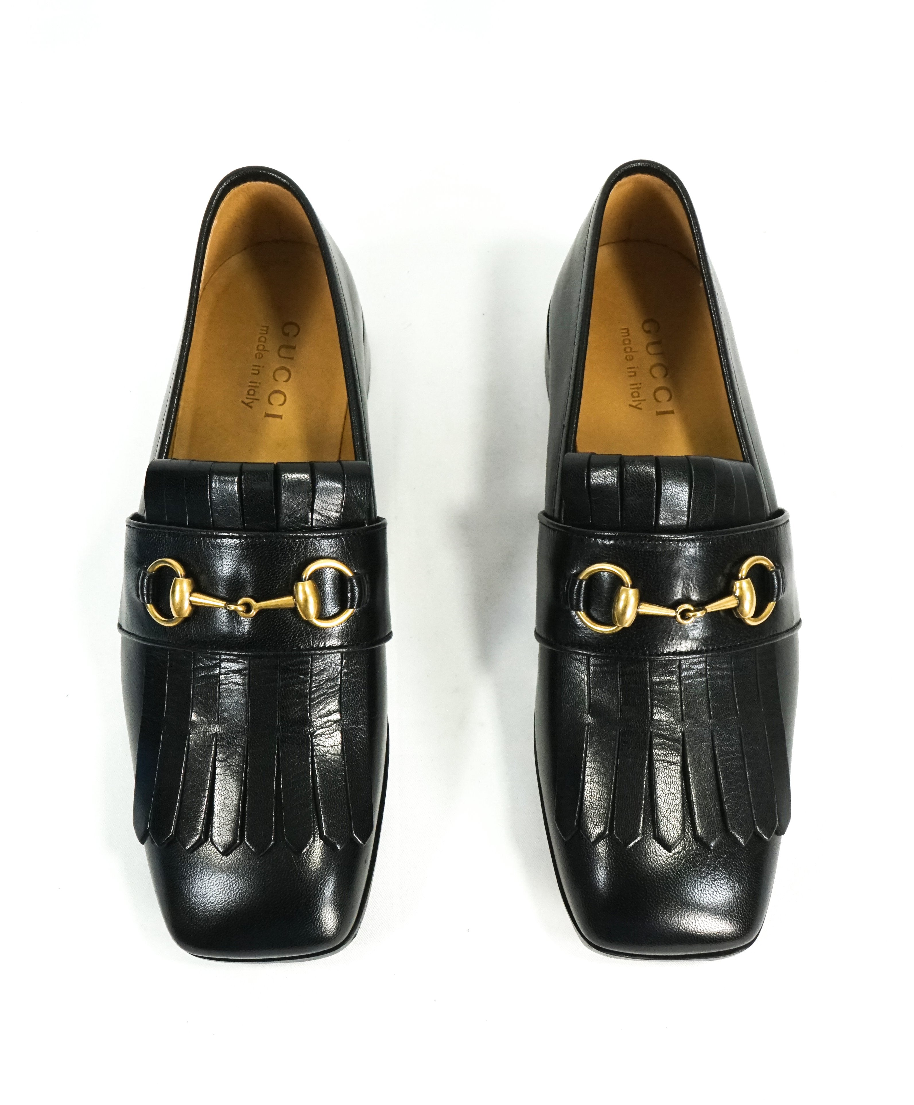 GUCCI -"Malaga" Kid Polly Kiltie Black & Gold Horsebit Fringe Loafers - 7 US (6.5 G)
