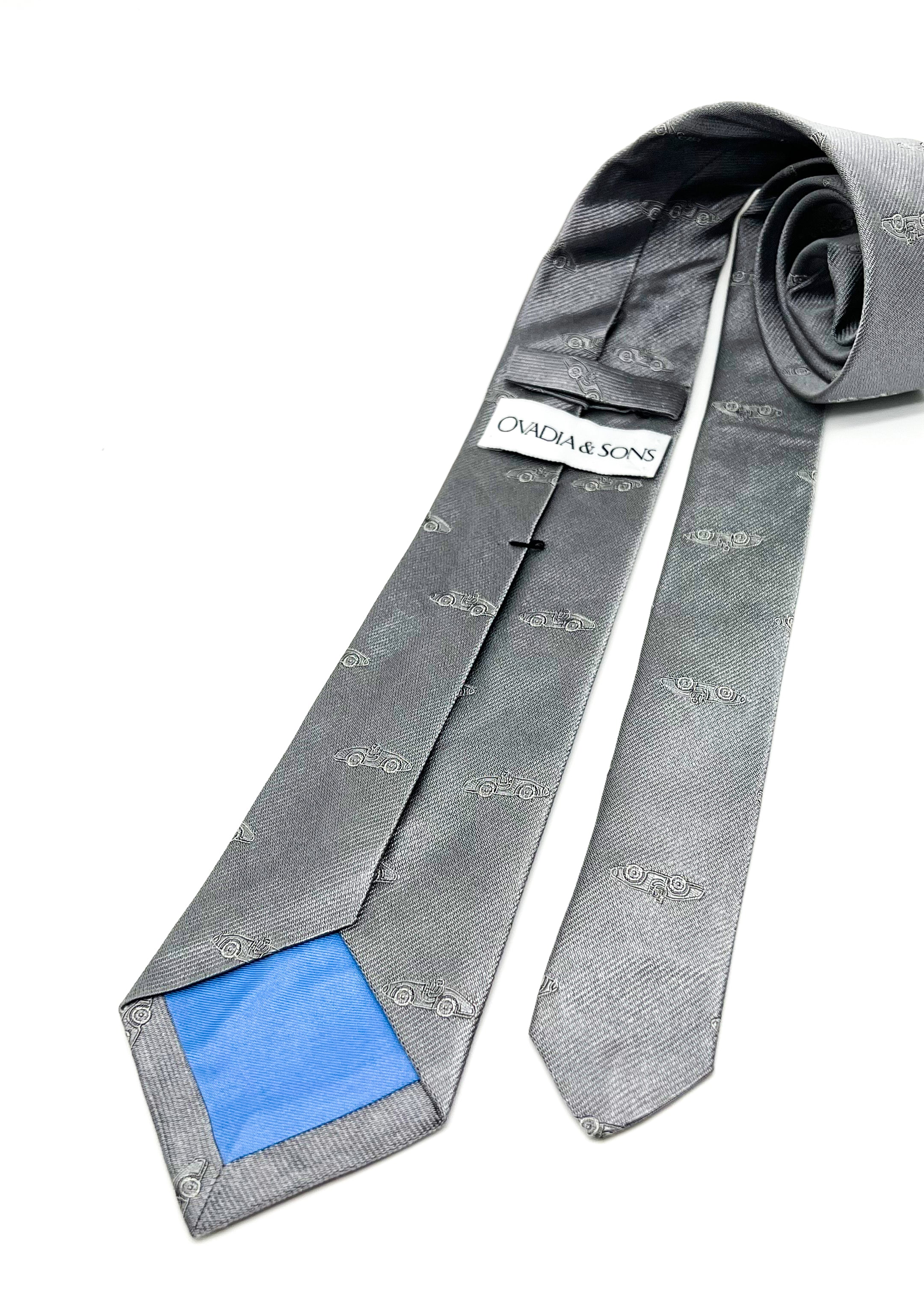 $165 OVADIA & SONS - Silver & White 'Art Deco' Race Car - Tie