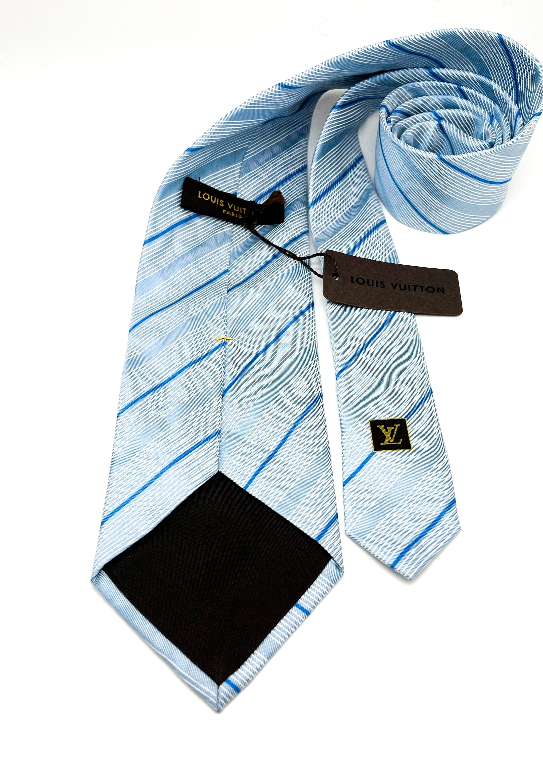 LOUIS VUITTON - 'LV' HOLOGRAPHIC LOGO Monogram Blue Stripe Silk - Tie