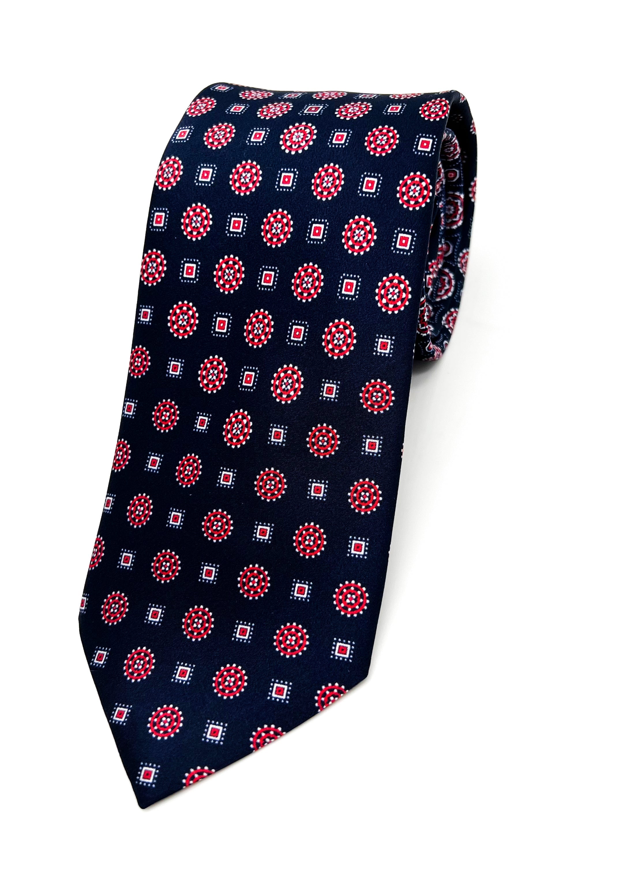 $240 BRIONI - Gradient Medallion Pattern Navy & Red Silk 3" - Tie