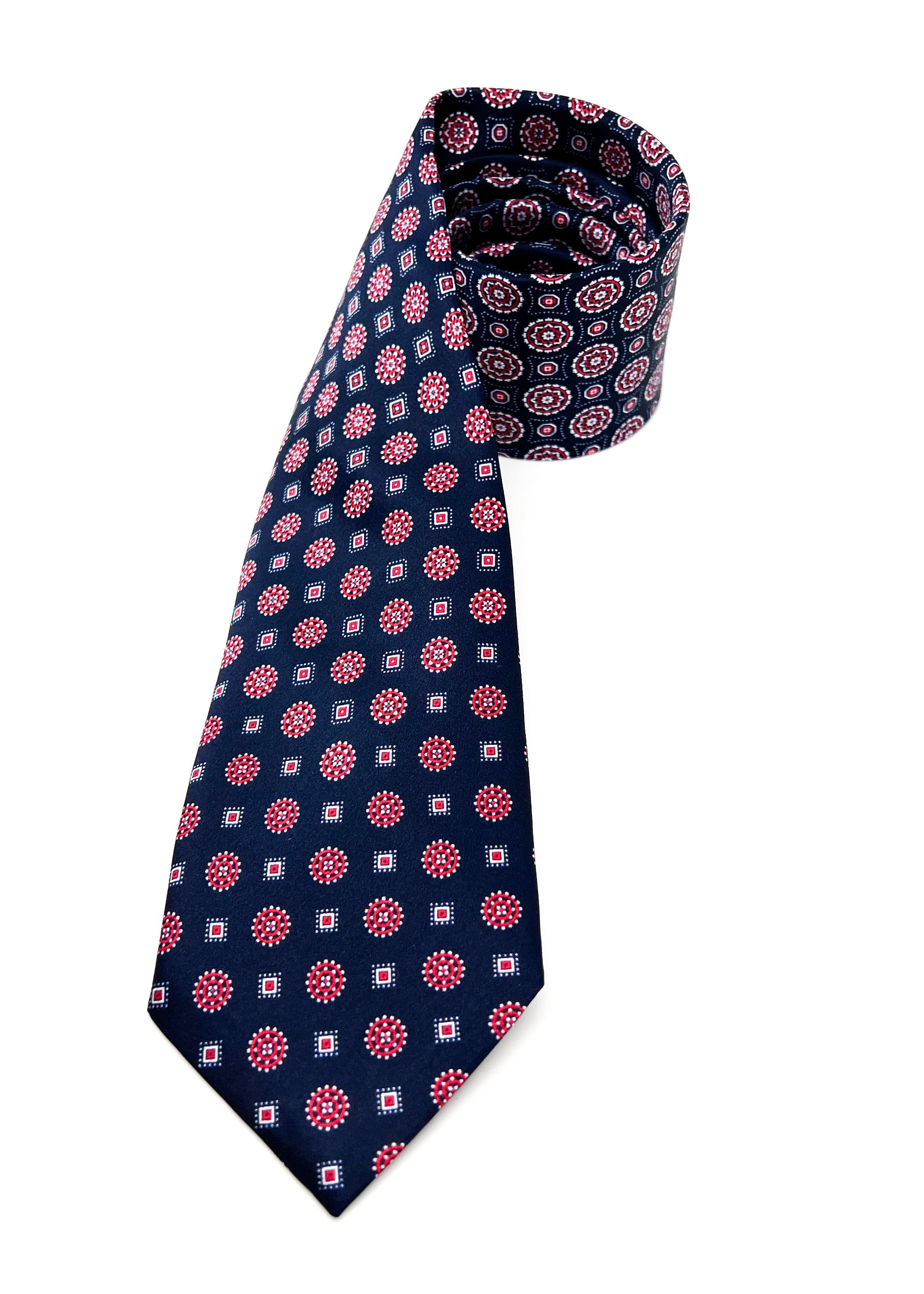 $240 BRIONI - Gradient Medallion Pattern Navy & Red Silk 3" - Tie