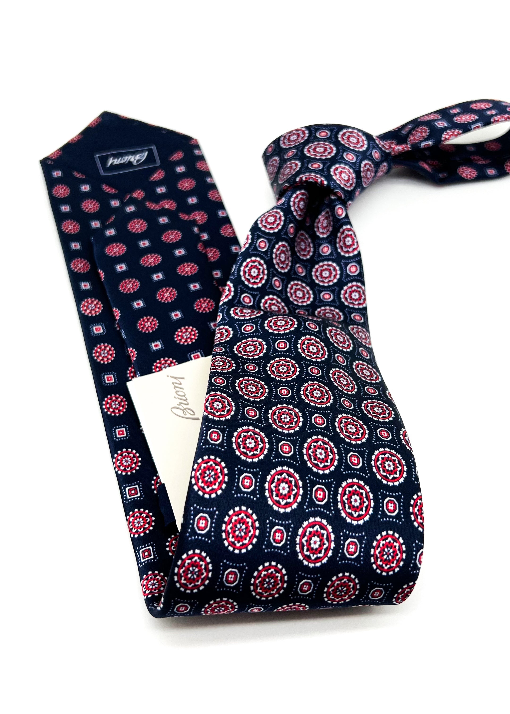 $240 BRIONI - Gradient Medallion Pattern Navy & Red Silk 3" - Tie