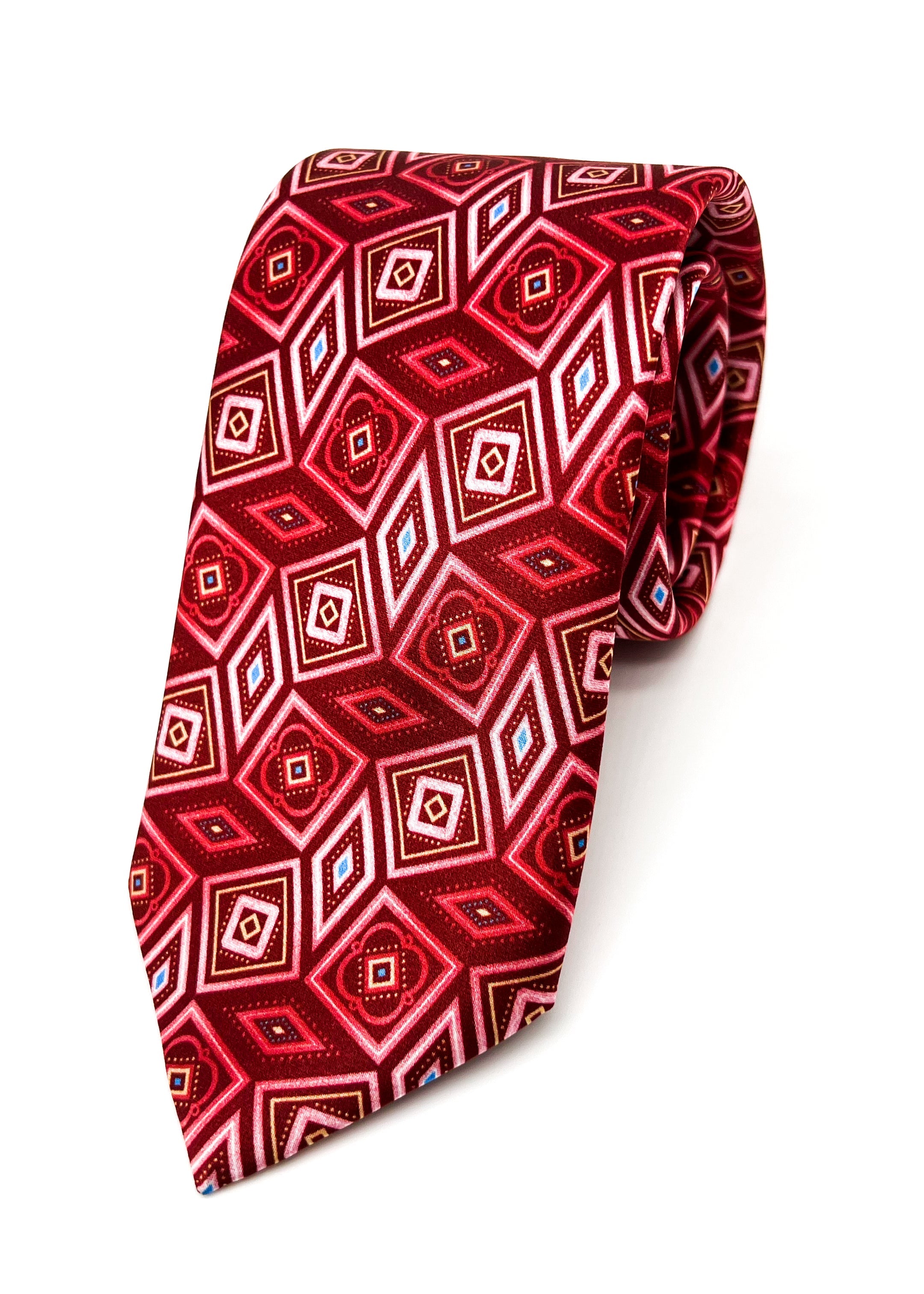 $240 BRIONI - Geometric Rose Pattern Red & Pink Silk 3" - Tie