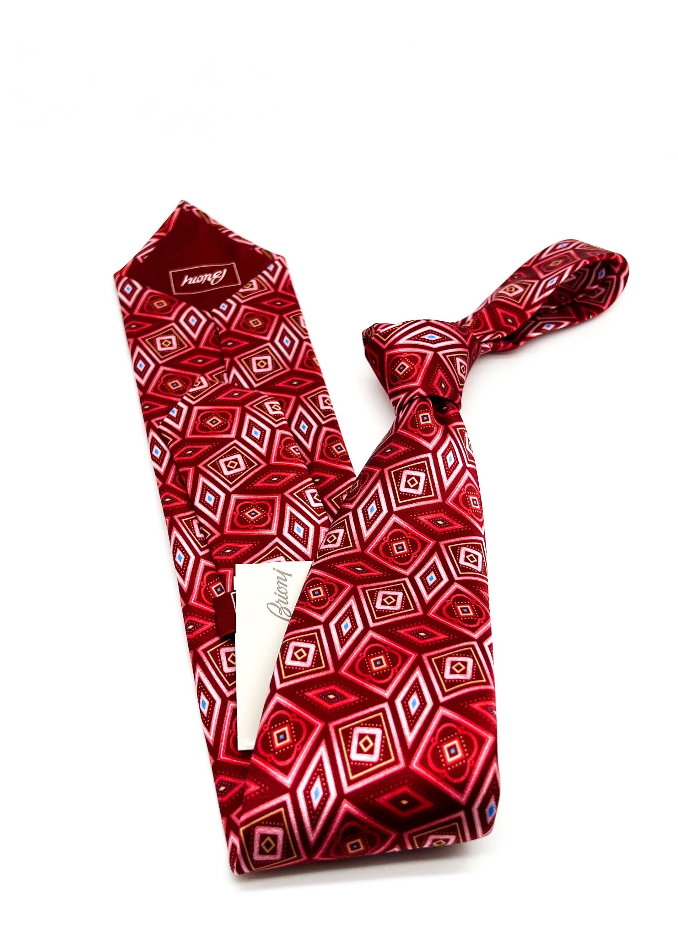 $240 BRIONI - Geometric Rose Pattern Red & Pink Silk 3" - Tie