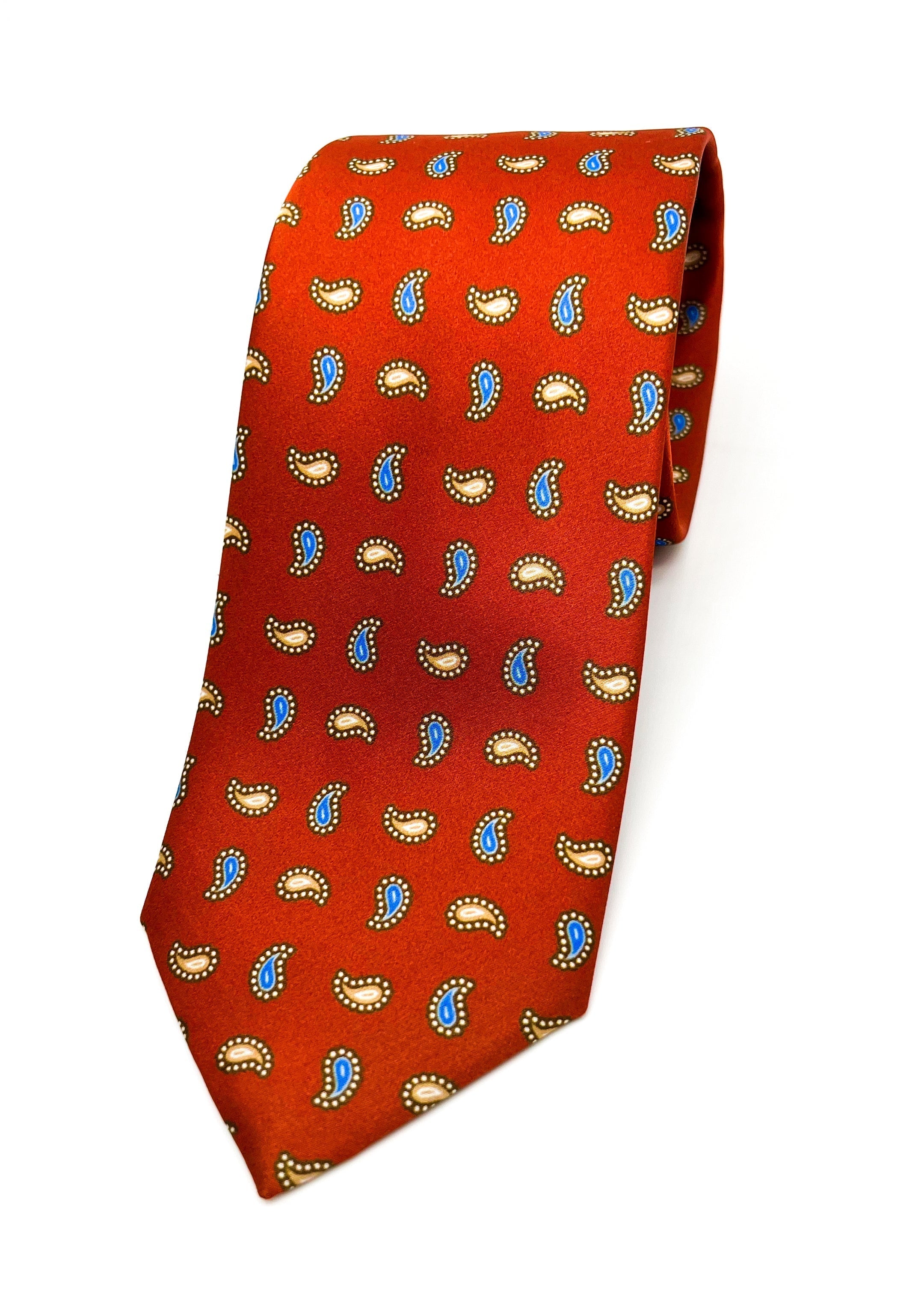 $240 BRIONI - Burnt Orange With Blue & Yellow Paisley Patterned Silk 3" - Tie