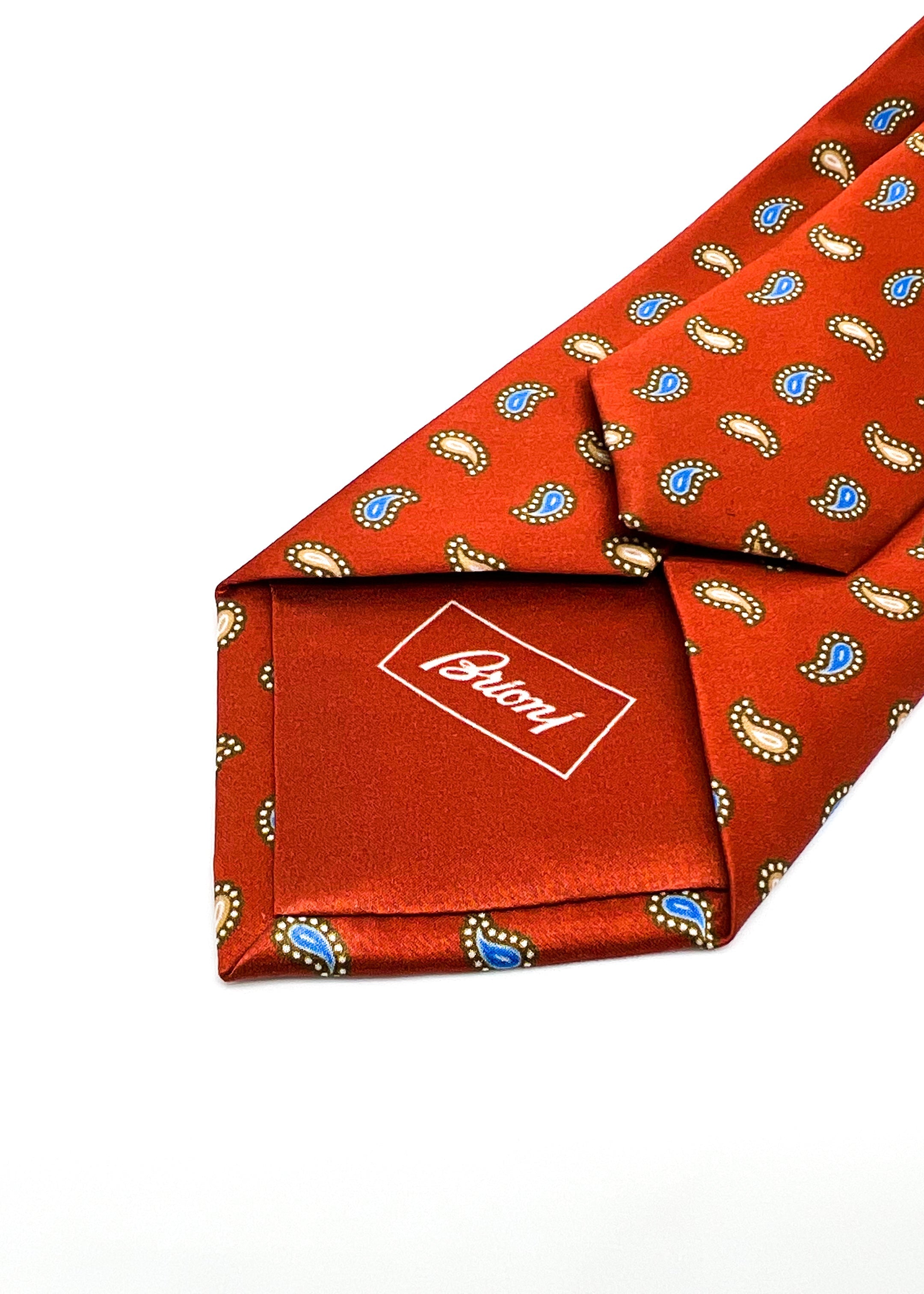 $240 BRIONI - Burnt Orange With Blue & Yellow Paisley Patterned Silk 3" - Tie