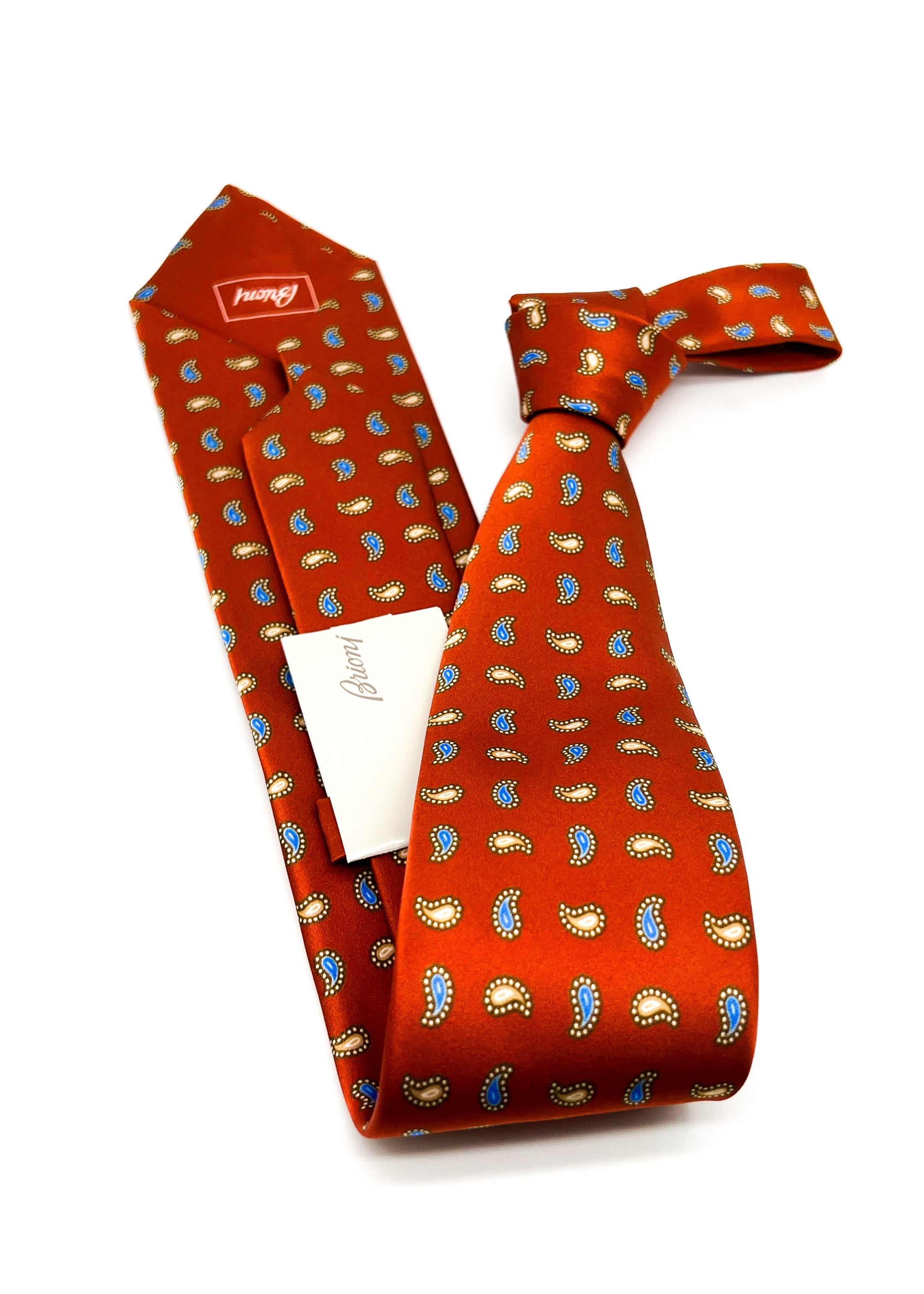 $240 BRIONI - Burnt Orange With Blue & Yellow Paisley Patterned Silk 3" - Tie