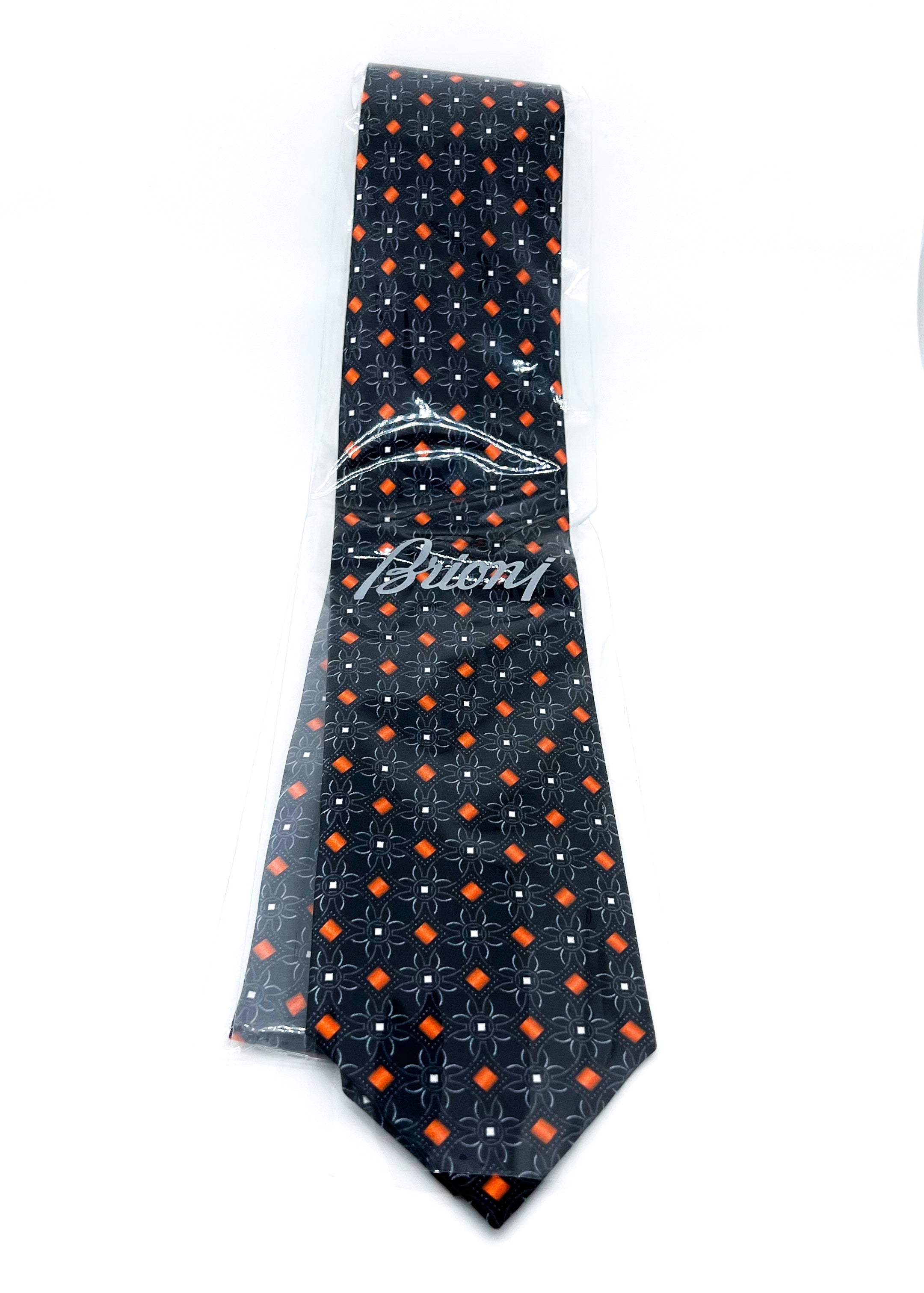 $240 BRIONI - Black & Orange Geometric Flower Silk 3" - Tie
