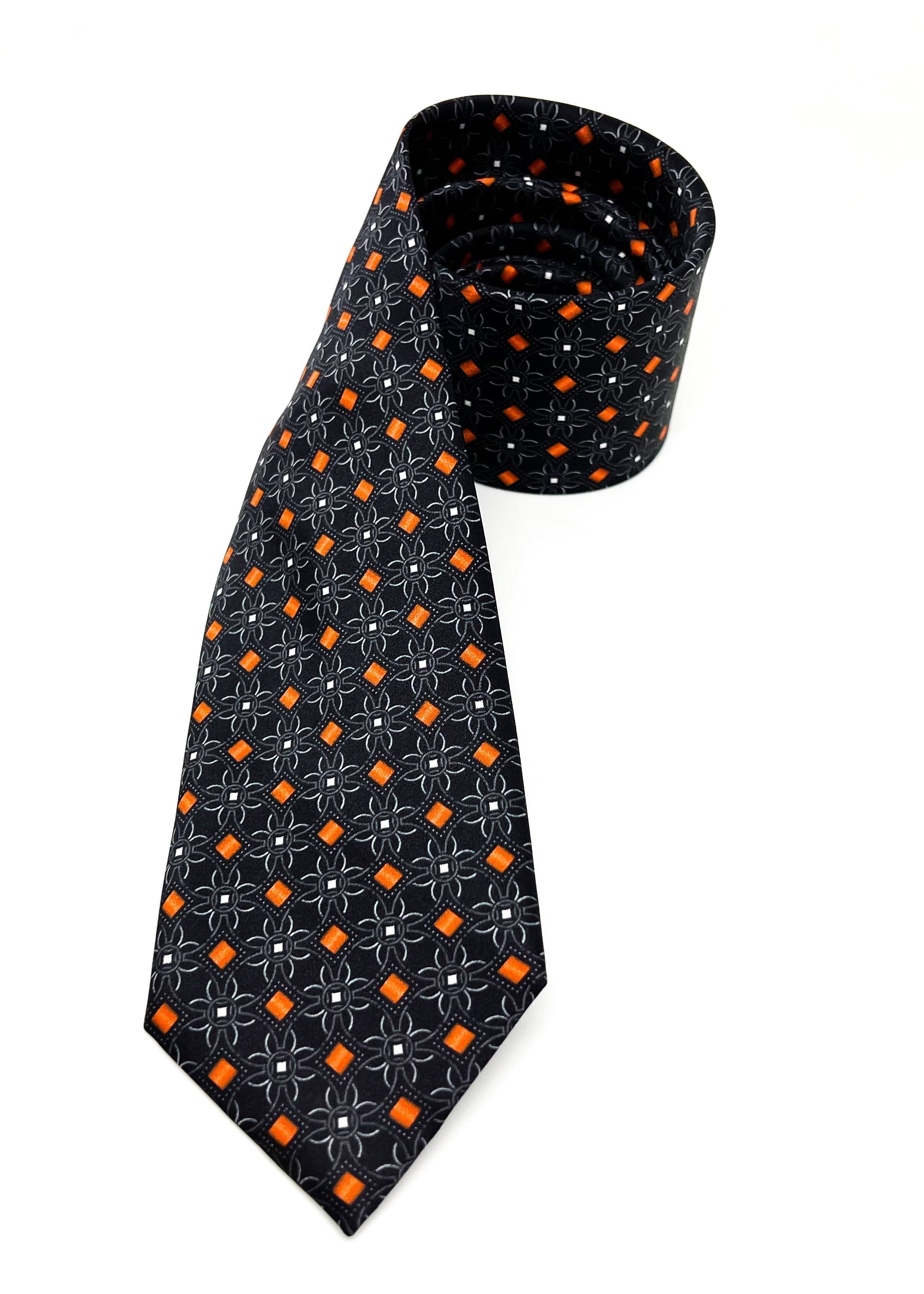 $240 BRIONI - Black & Orange Geometric Flower Silk 3" - Tie