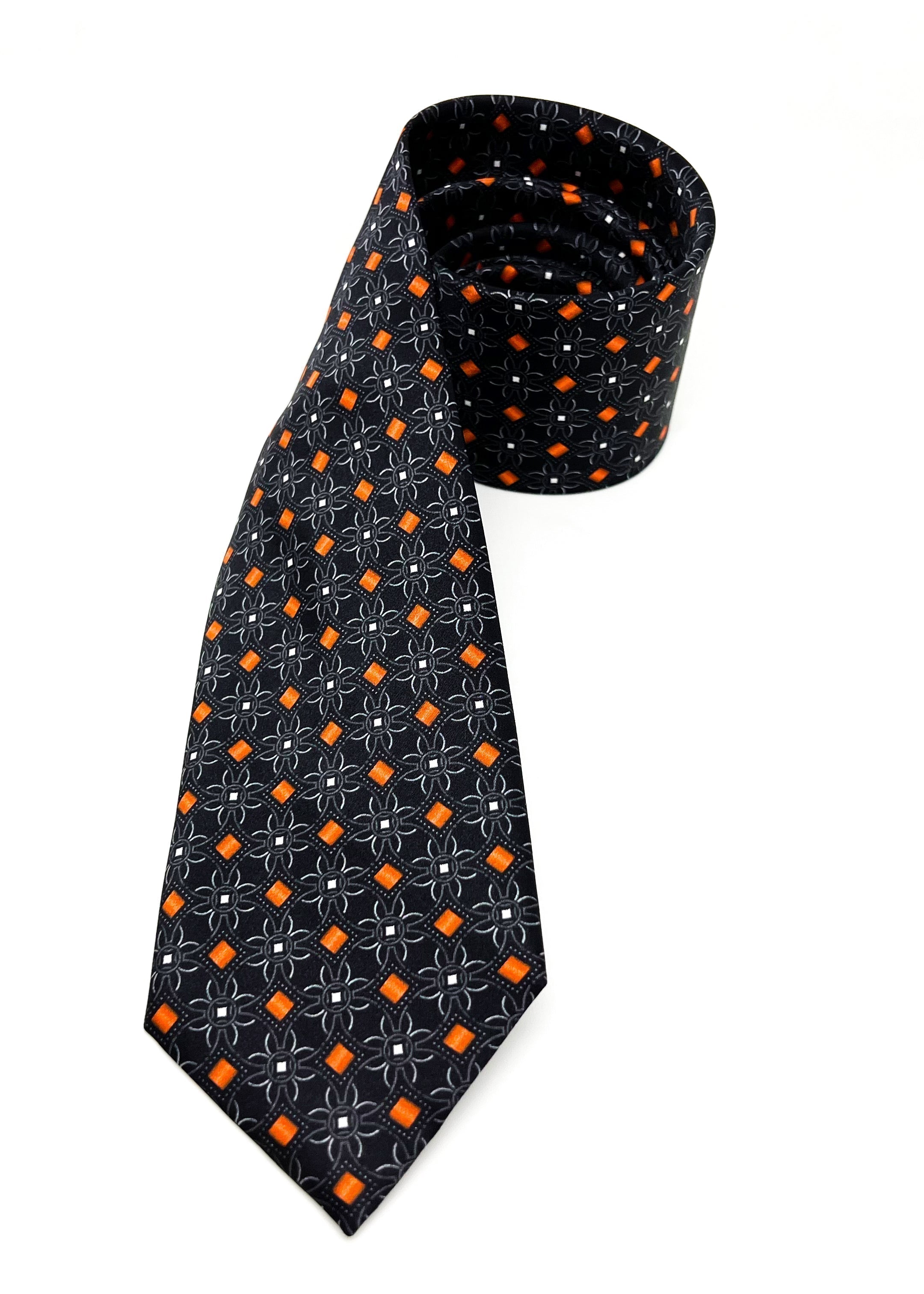 $240 BRIONI - Black & Orange Geometric Flower Silk 3" - Tie