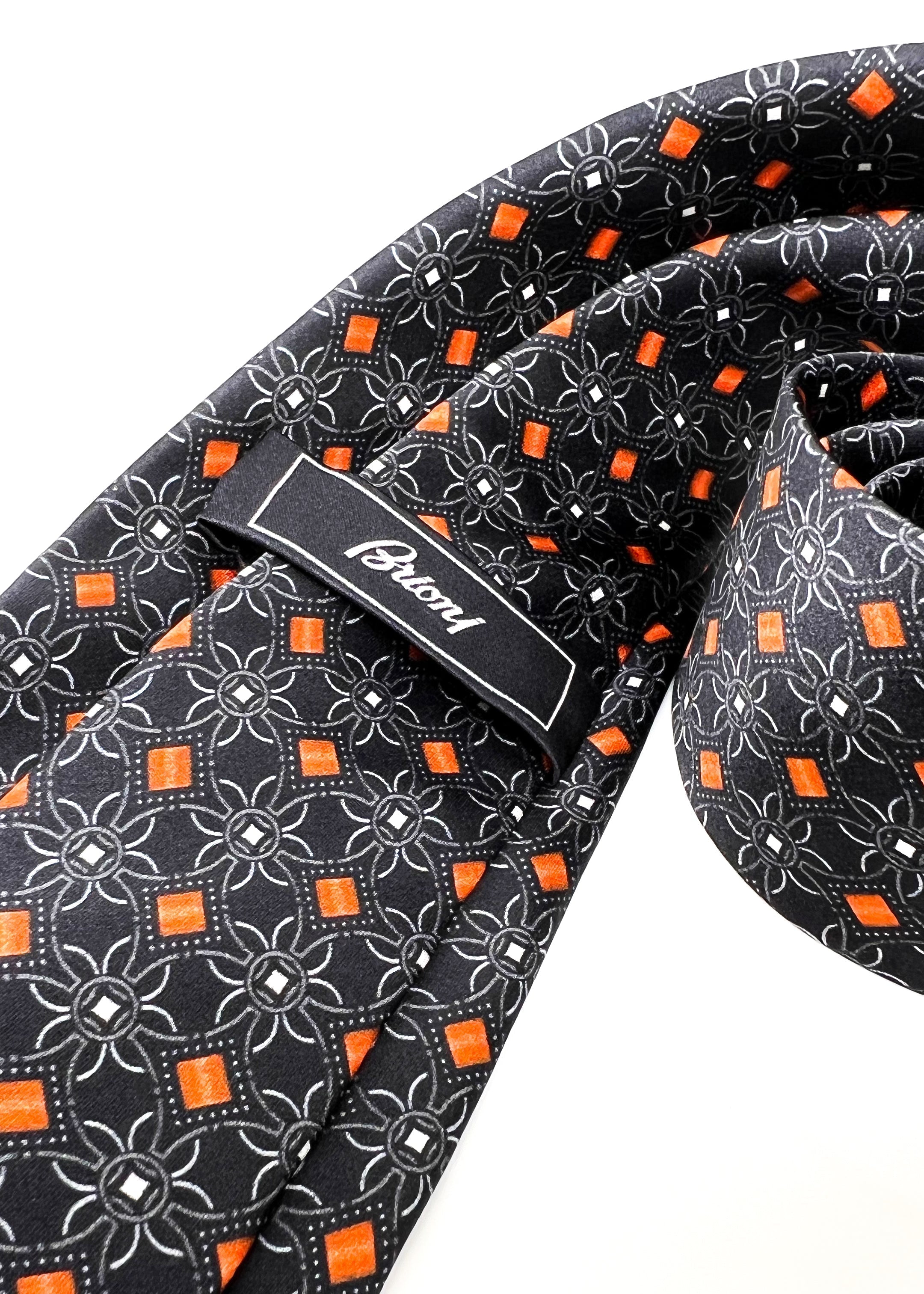 $240 BRIONI - Black & Orange Geometric Flower Silk 3" - Tie