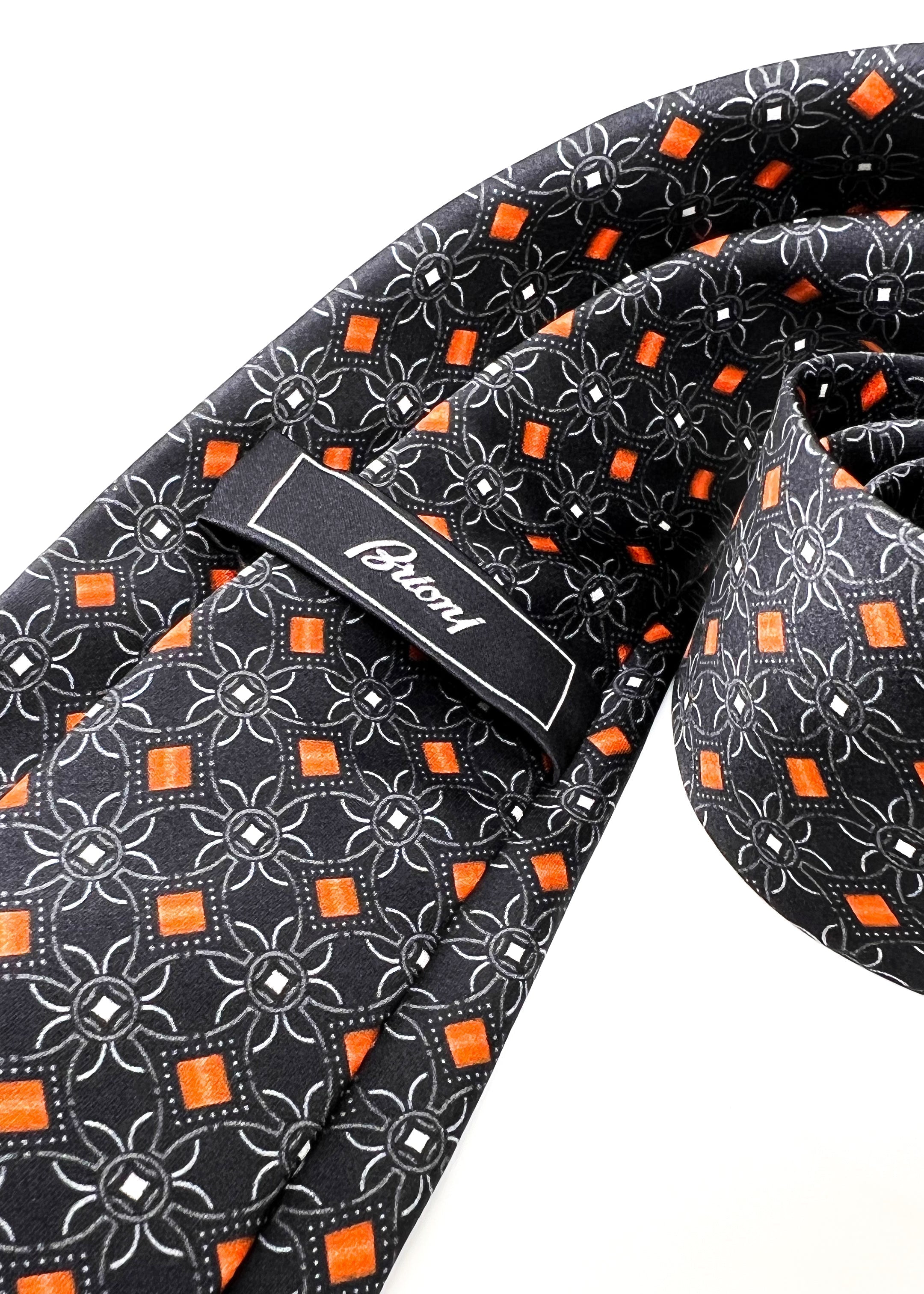 $240 BRIONI - Black & Orange Geometric Flower Silk 3" - Tie