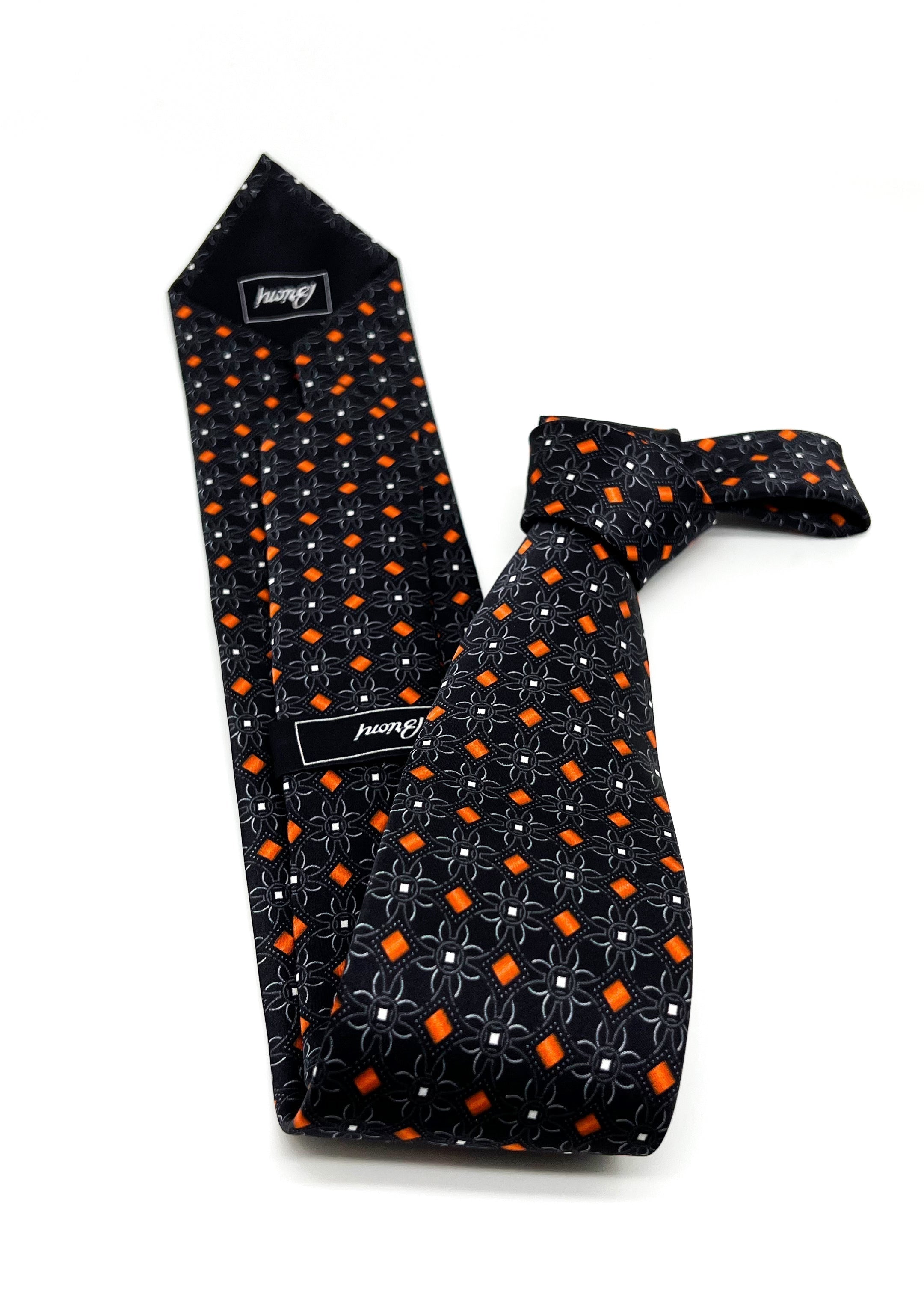 $240 BRIONI - Black & Orange Geometric Flower Silk 3" - Tie