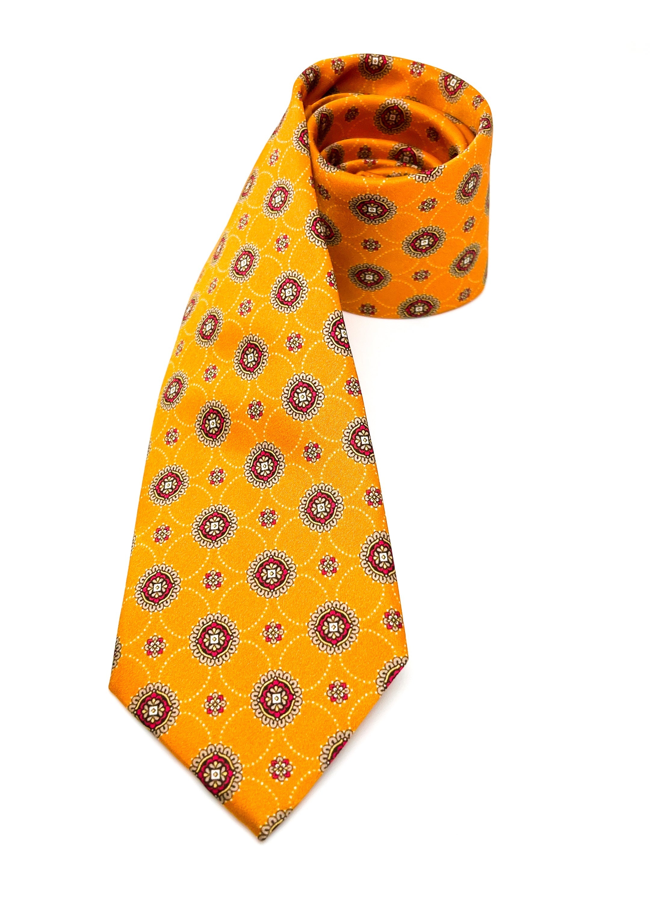 $240 BRIONI - Orange / Gold Medallion Tie Silk 3" - Tie