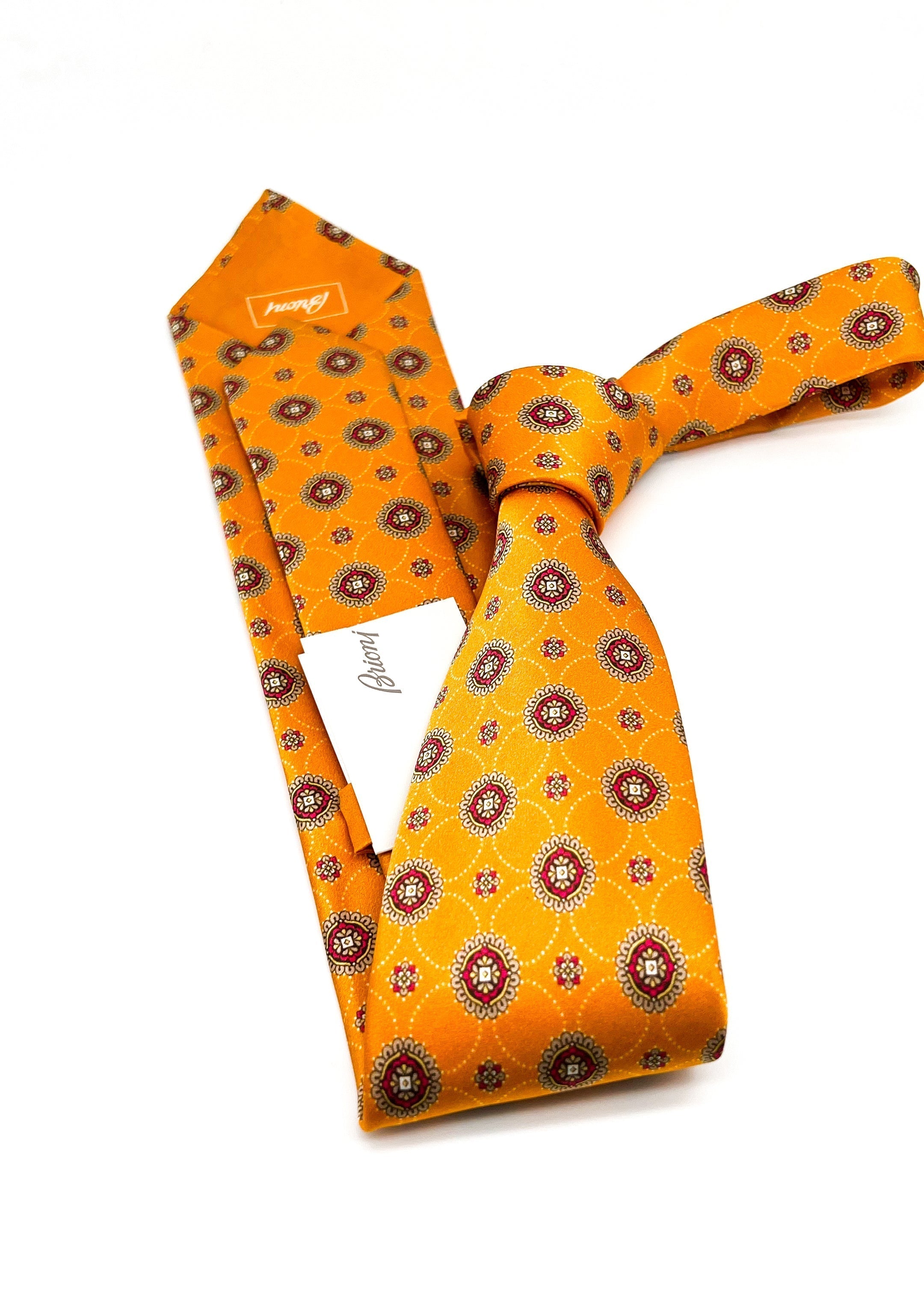$240 BRIONI - Orange / Gold Medallion Tie Silk 3" - Tie
