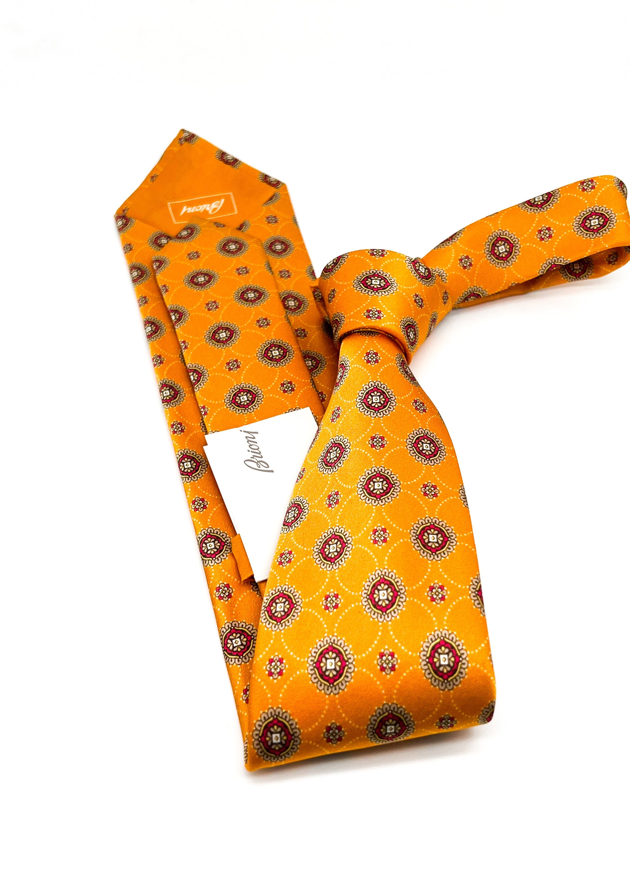 $240 BRIONI - Orange / Gold Medallion Tie Silk 3" - Tie