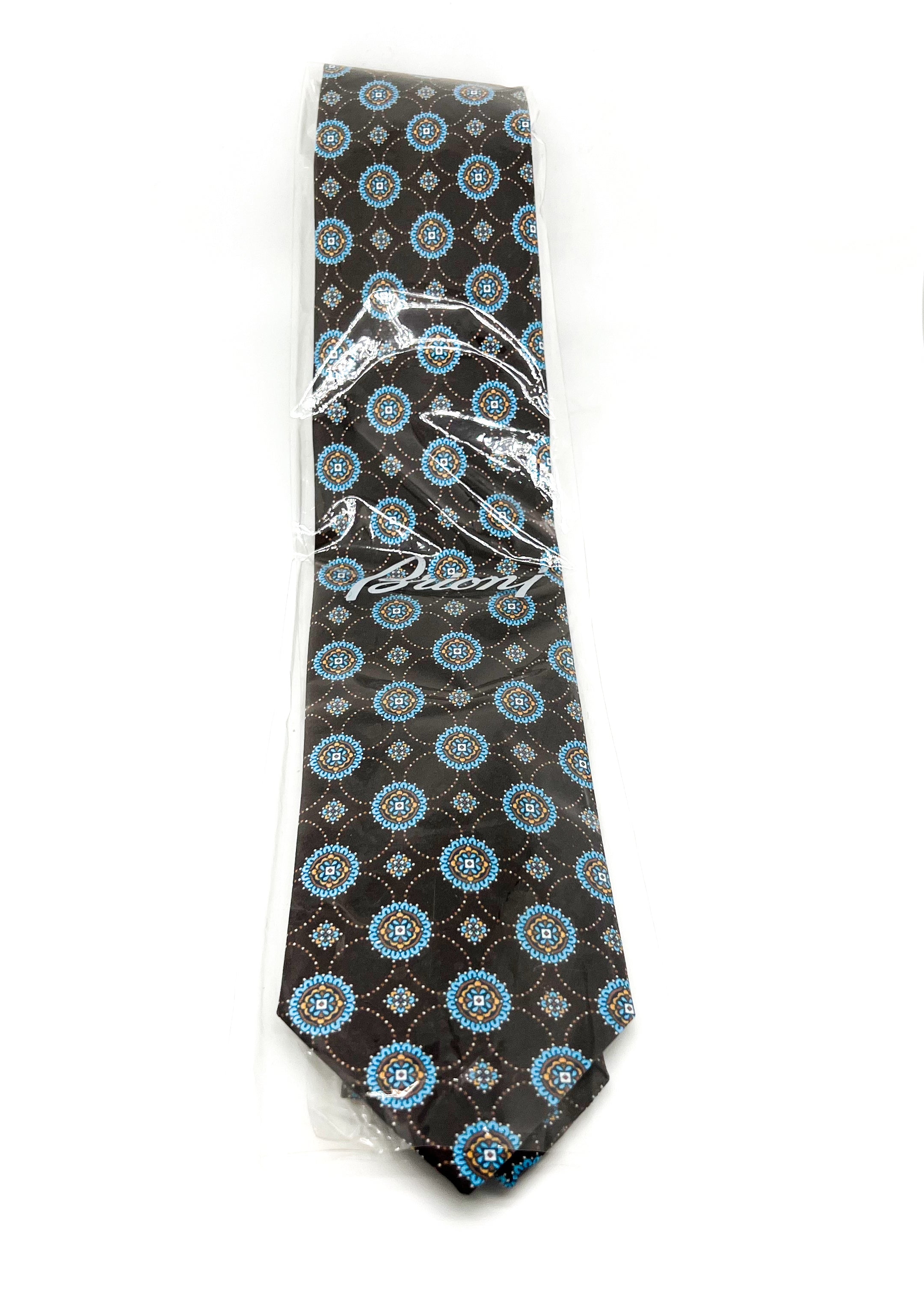 $240 BRIONI - Brown & Blue Medallion Tie Silk 3" - Tie