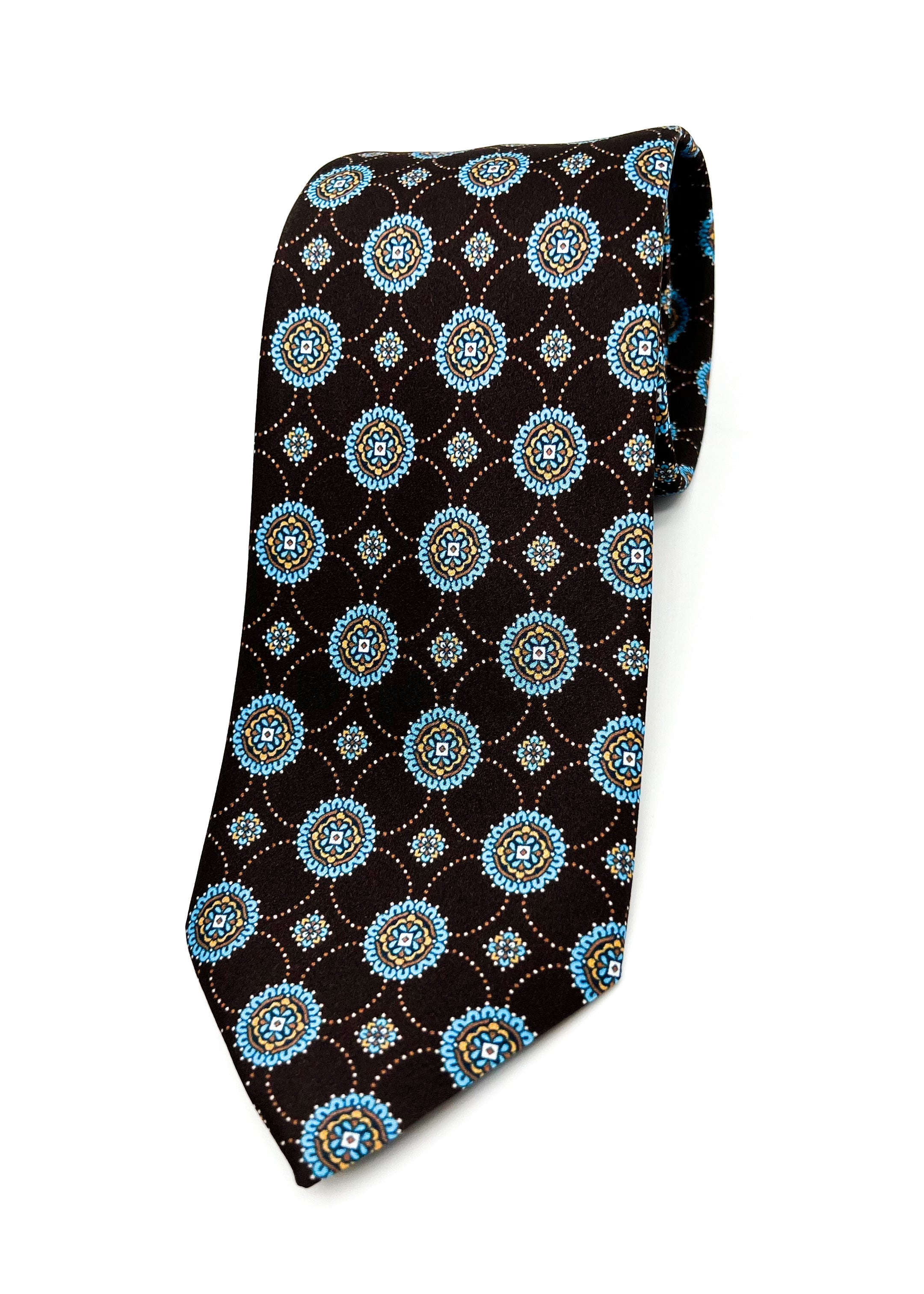 $240 BRIONI - Brown & Blue Medallion Tie Silk 3" - Tie