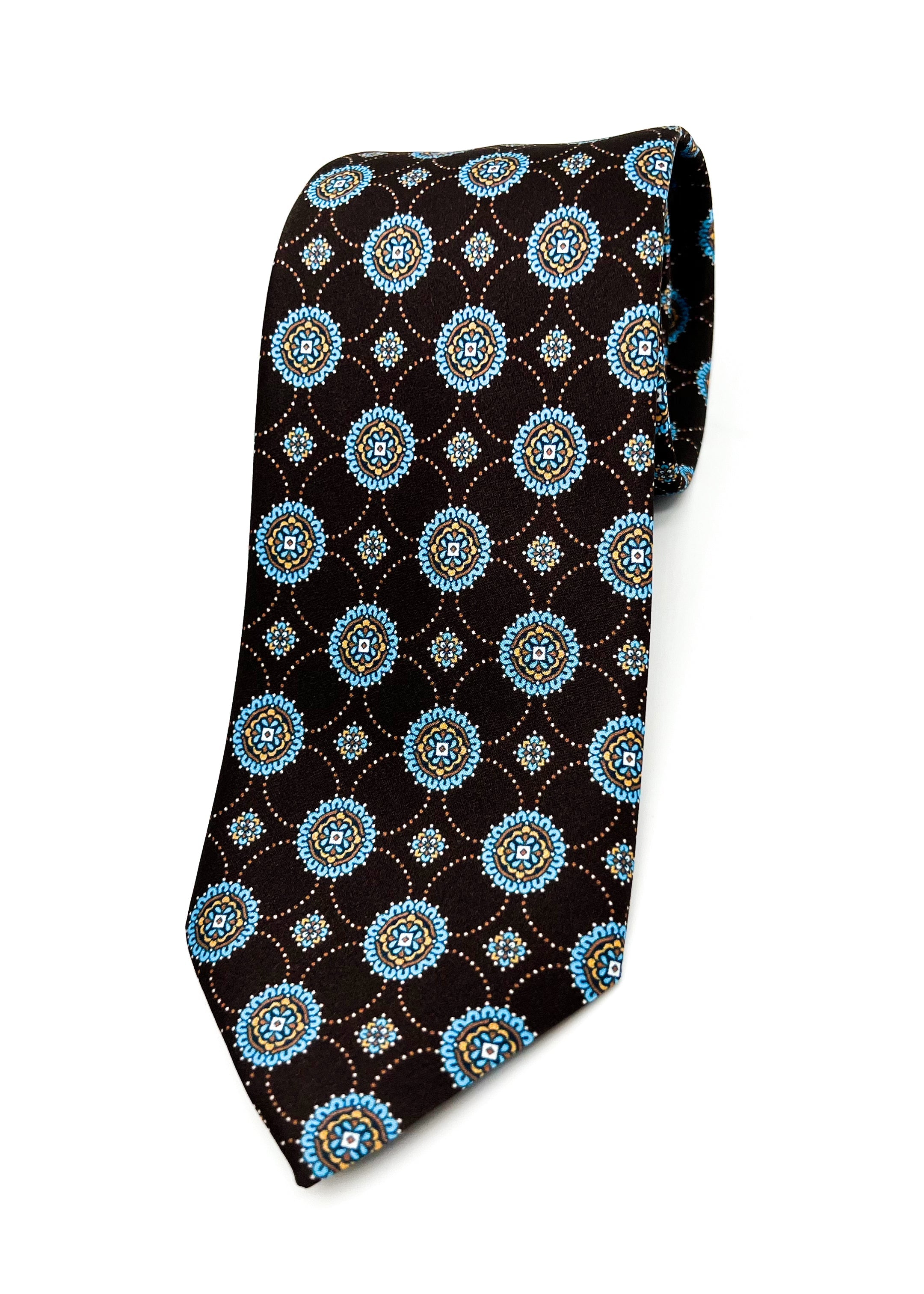 $240 BRIONI - Brown & Blue Medallion Tie Silk 3" - Tie
