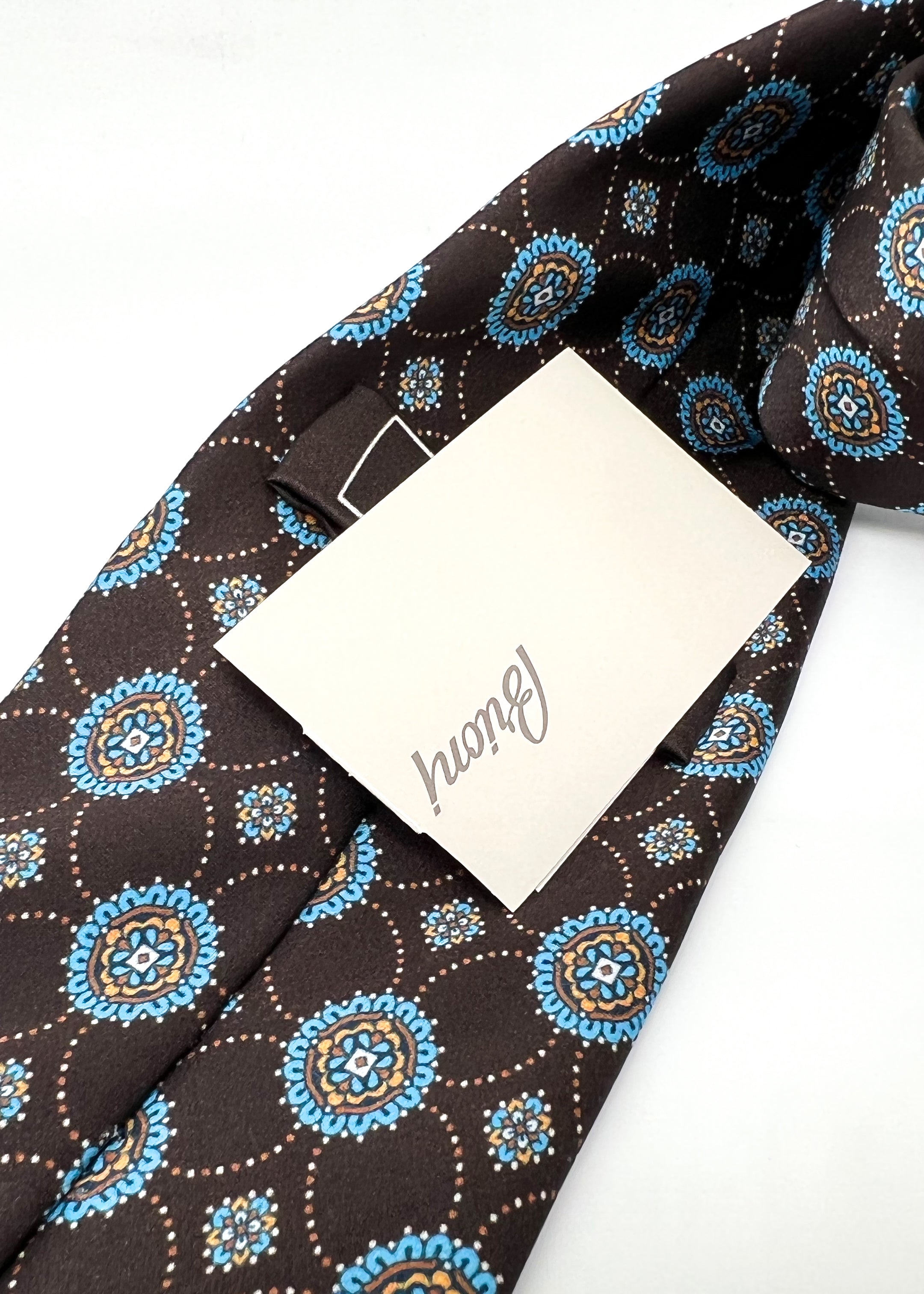 $240 BRIONI - Brown & Blue Medallion Tie Silk 3" - Tie