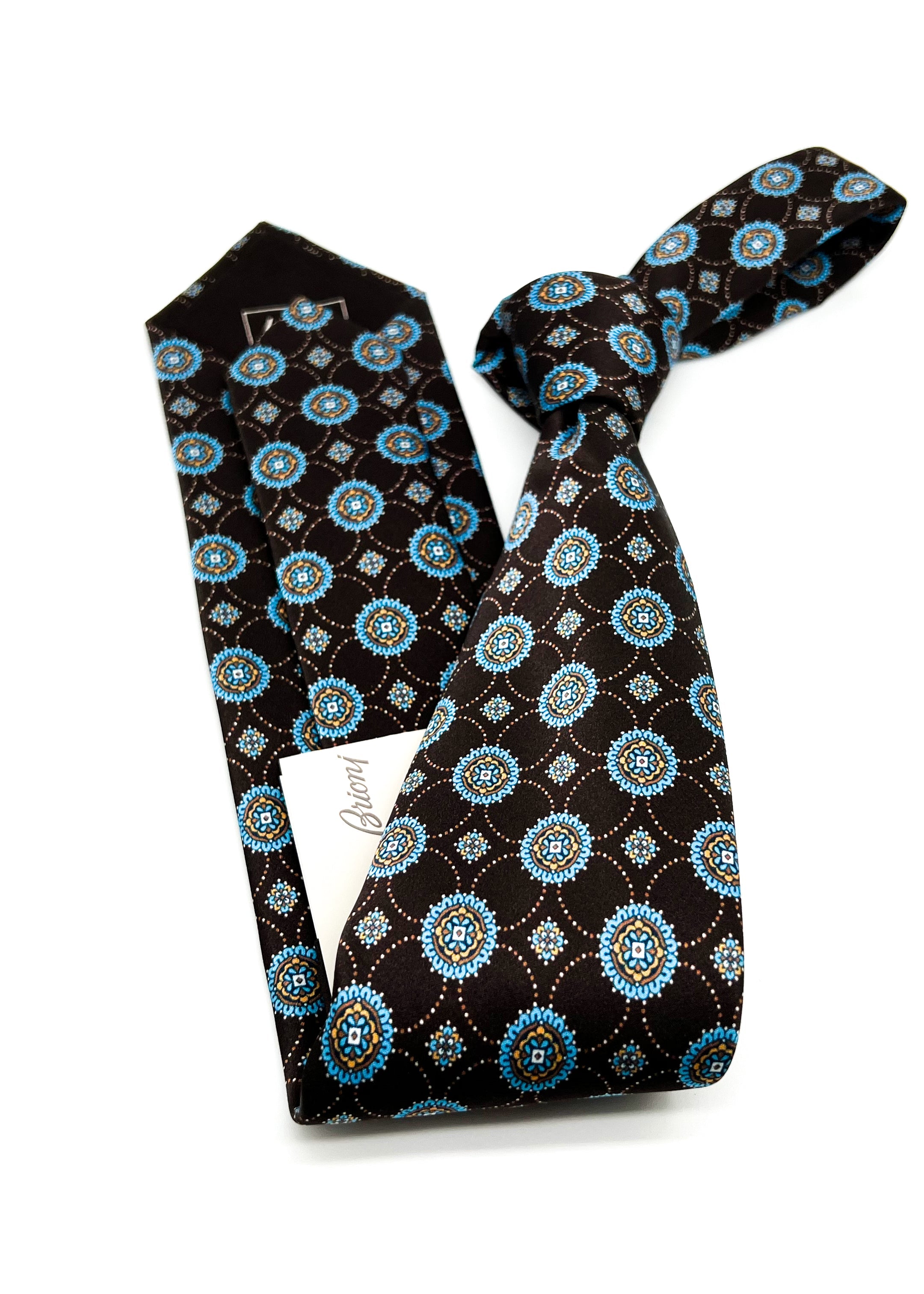 $240 BRIONI - Brown & Blue Medallion Tie Silk 3" - Tie