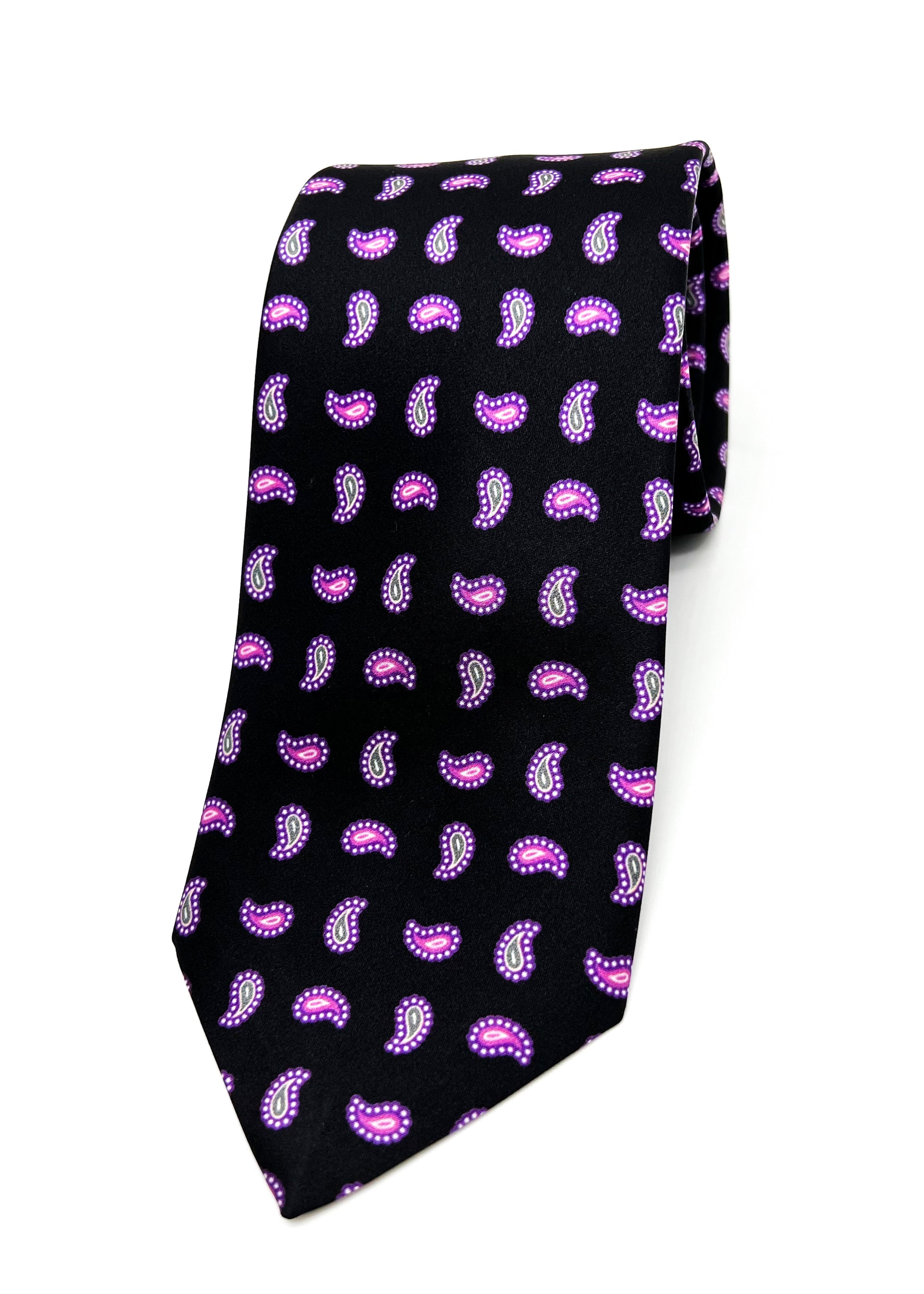 $240 BRIONI - Black & Purple/Lavender Paisley Tie Silk 3" - Tie