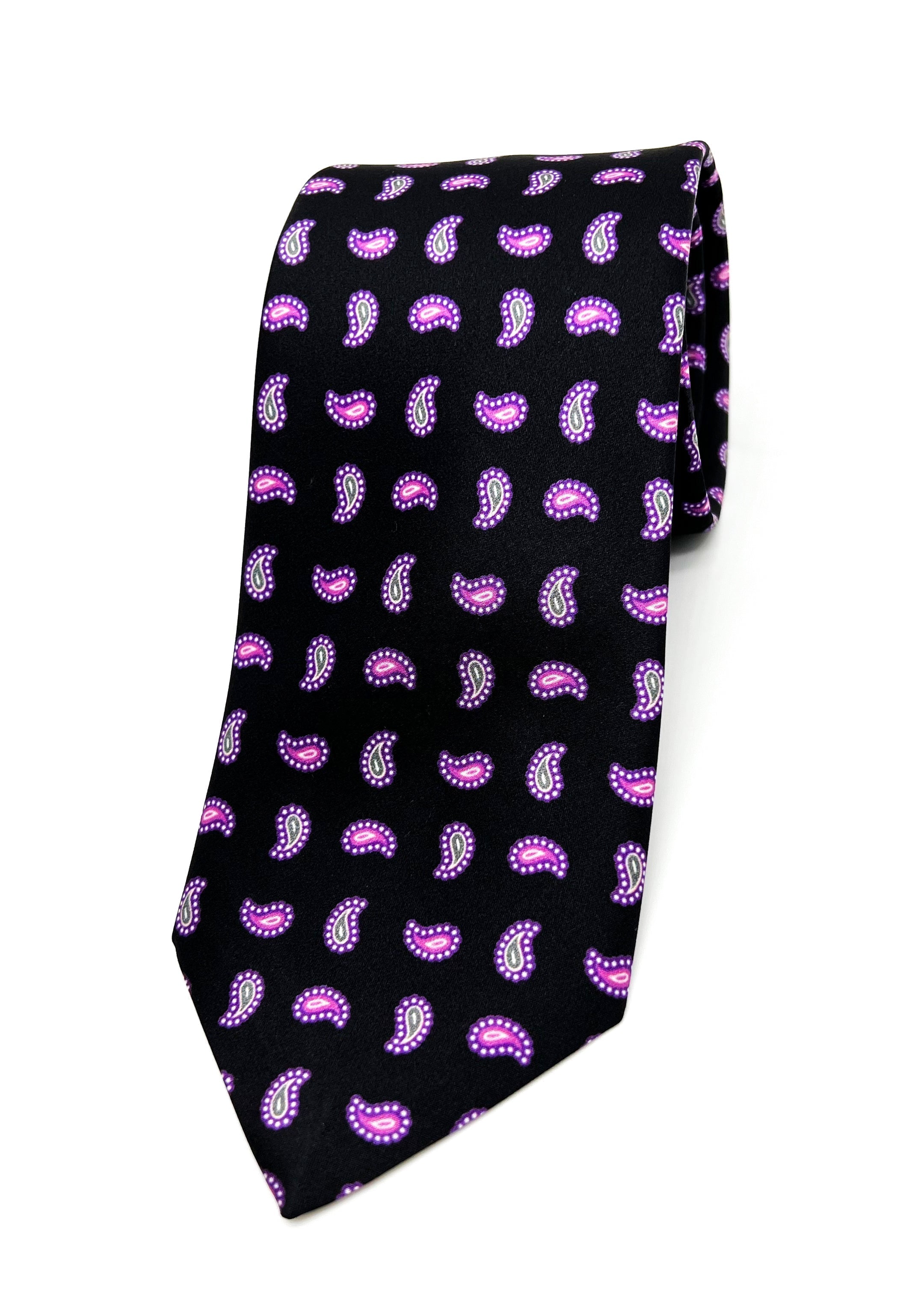 $240 BRIONI - Black & Purple/Lavender Paisley Tie Silk 3" - Tie