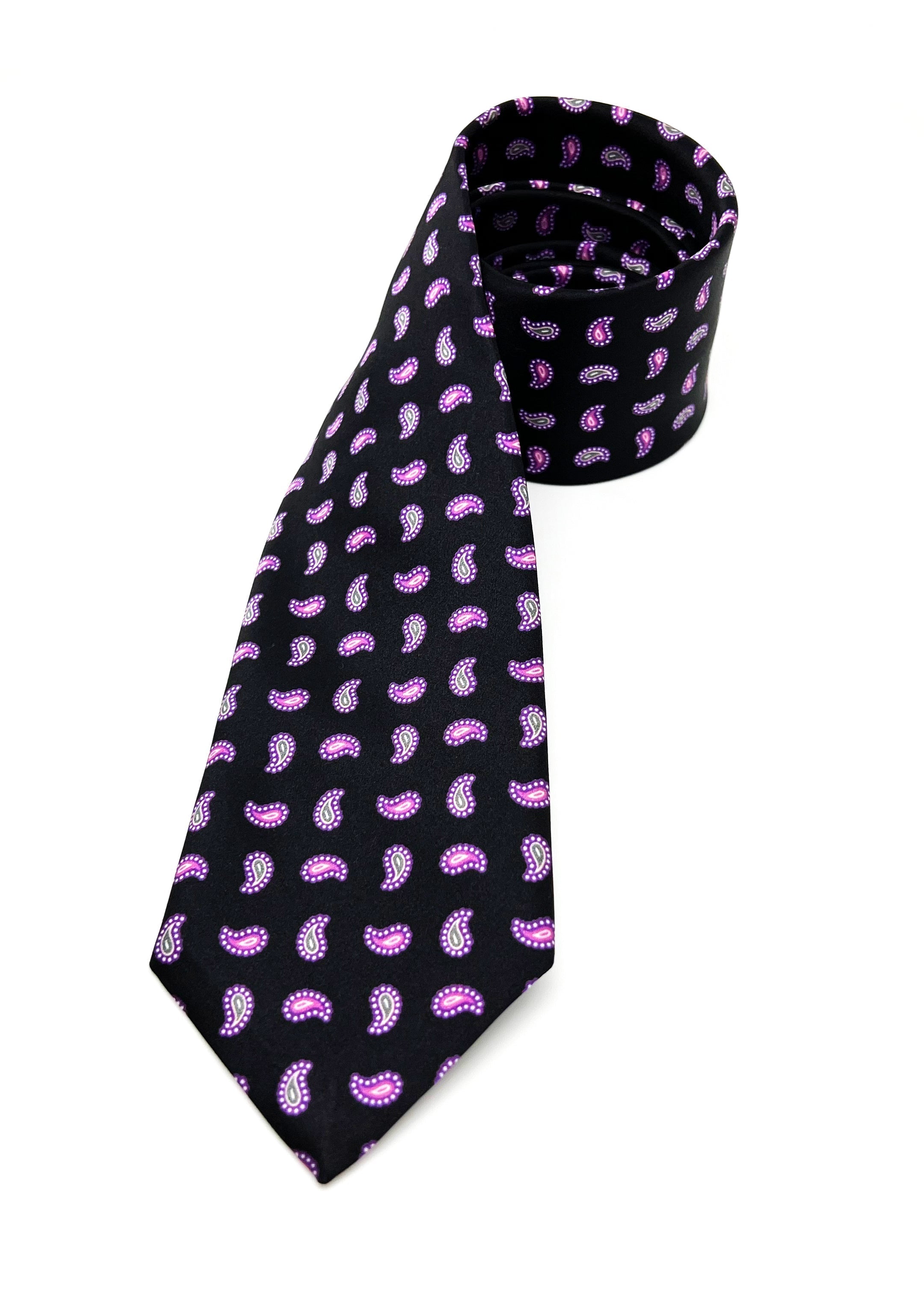 $240 BRIONI - Black & Purple/Lavender Paisley Tie Silk 3" - Tie