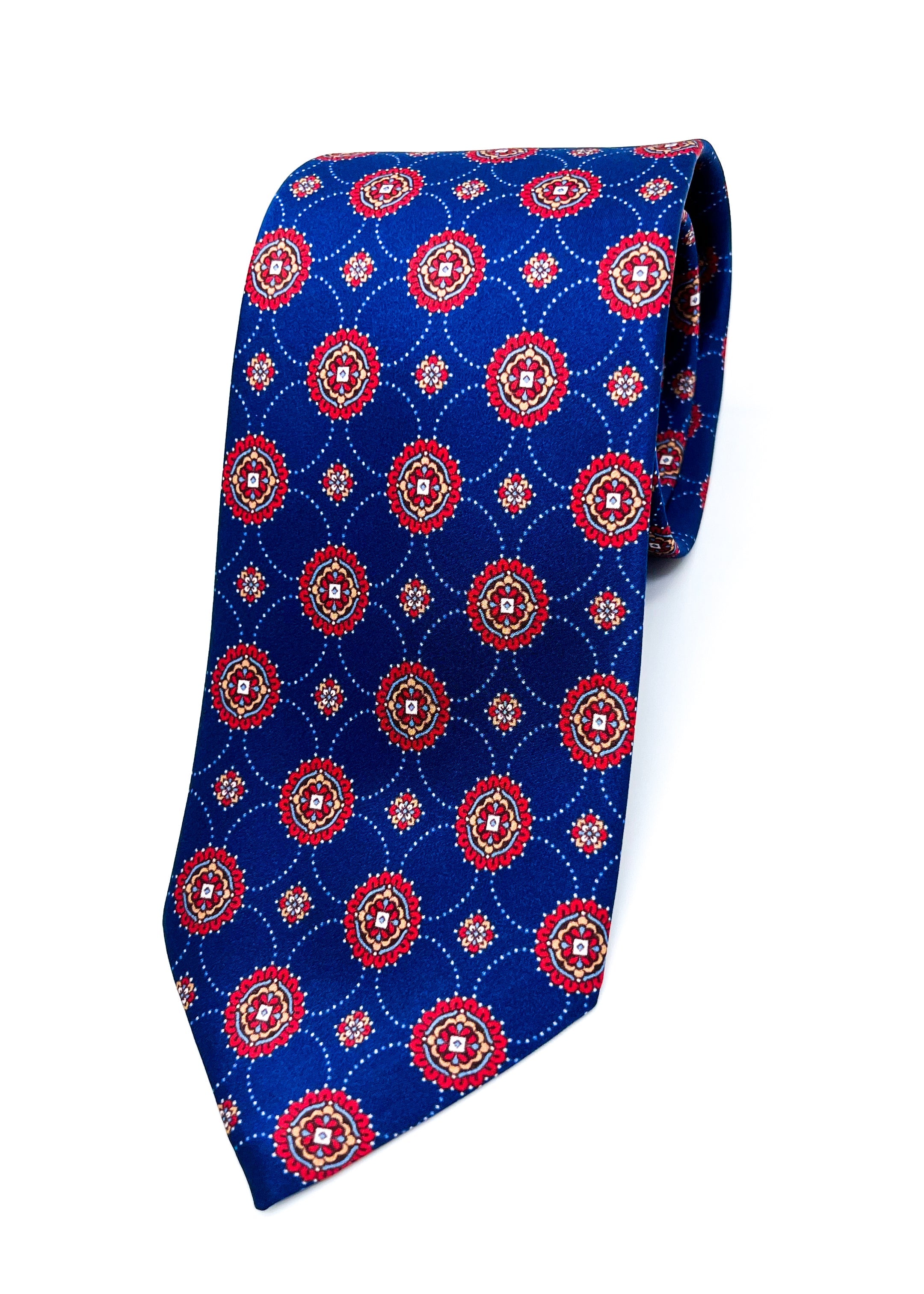 $240 BRIONI - Blue & Red Medallion Tie Silk 3" - Tie