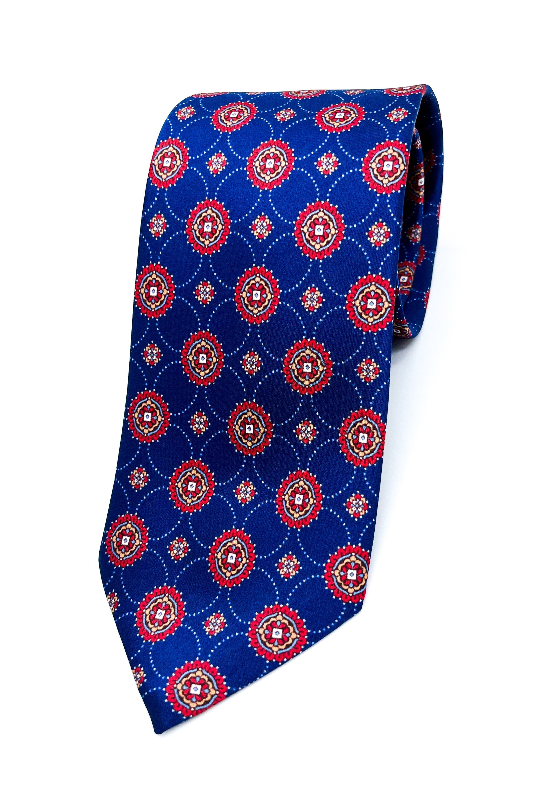 $240 BRIONI - Blue & Red Medallion Tie Silk 3" - Tie