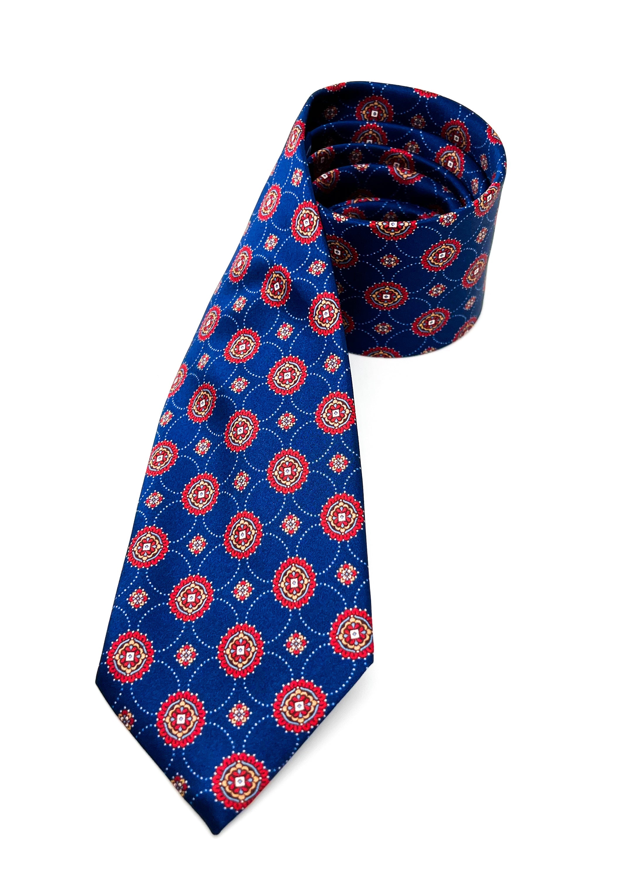 $240 BRIONI - Blue & Red Medallion Tie Silk 3" - Tie