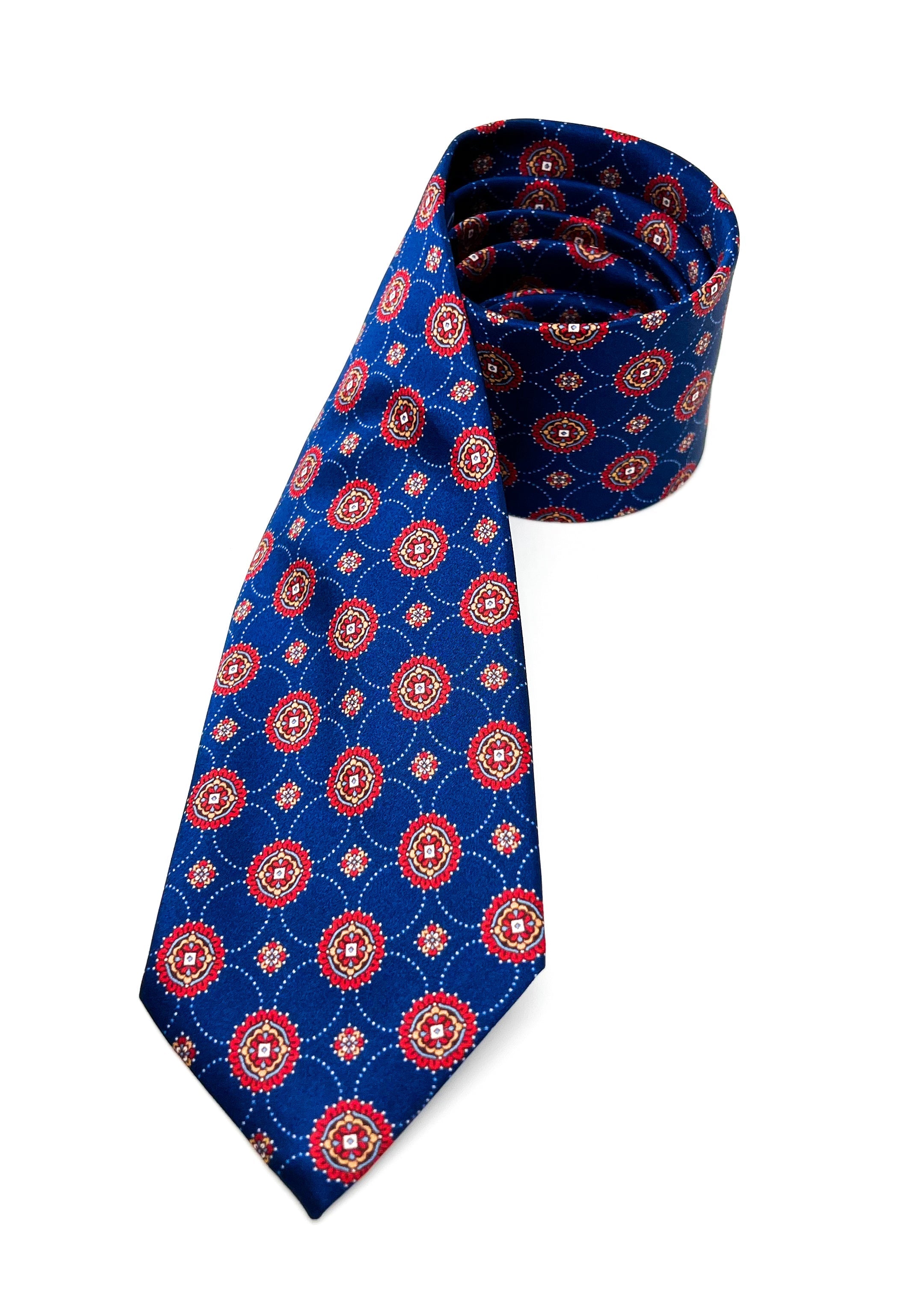 $240 BRIONI - Blue & Red Medallion Tie Silk 3" - Tie