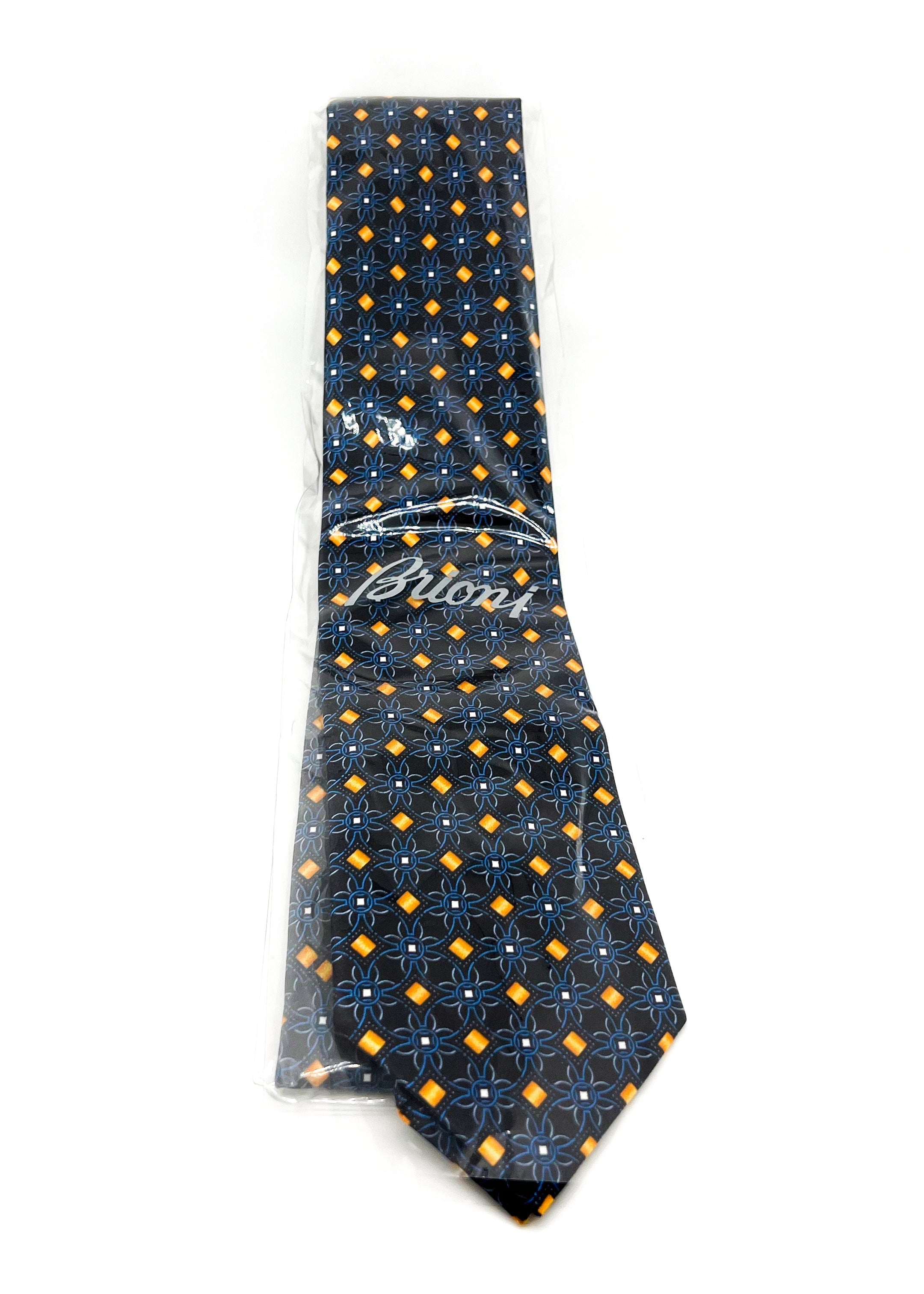 $240 BRIONI - Geometric Floral Blue & Orange Tie Silk 3" - Tie