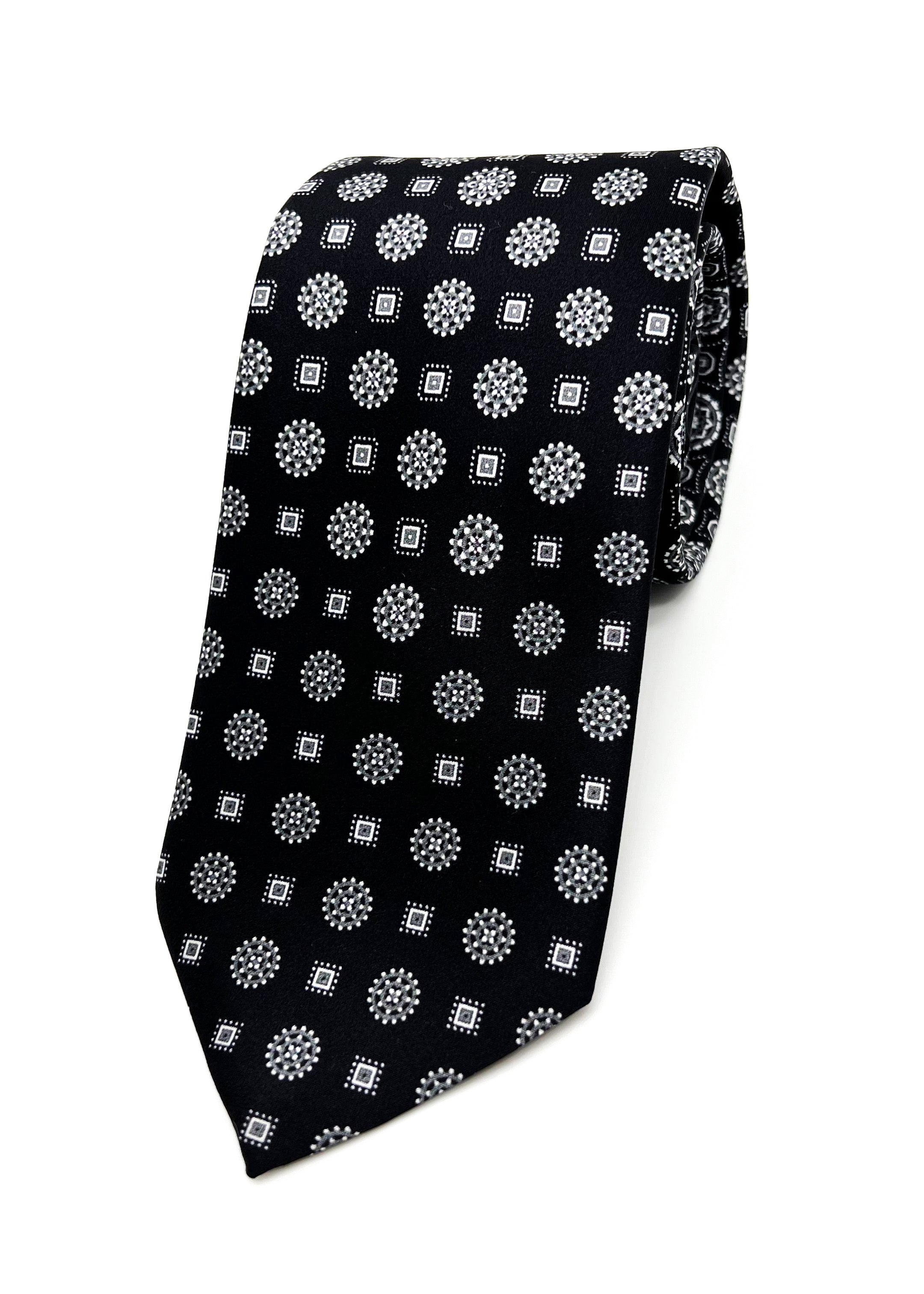 $240 BRIONI - Gradient Medallion Pattern Black n White Silk 3" - Tie