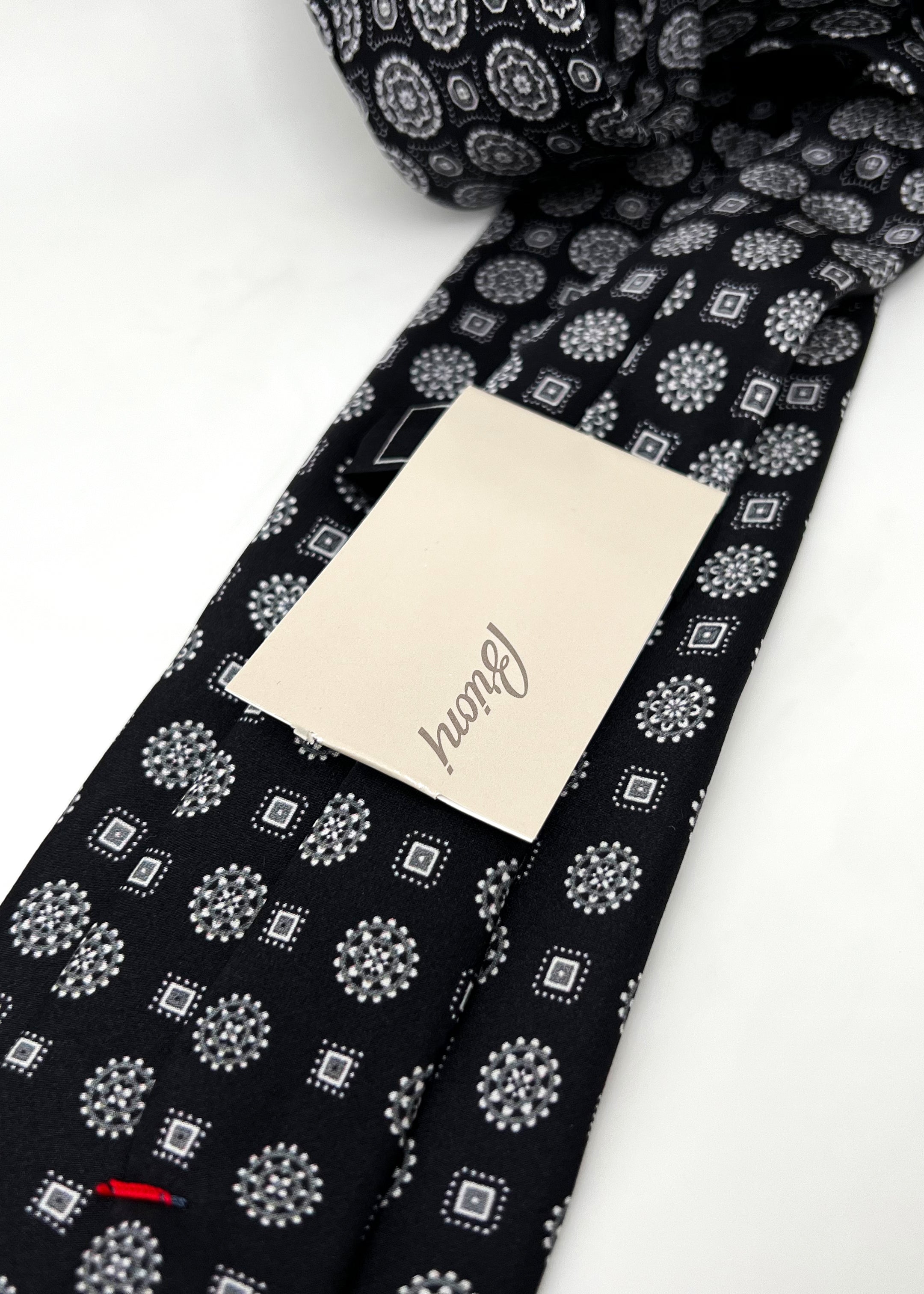 $240 BRIONI - Gradient Medallion Pattern Black n White Silk 3" - Tie