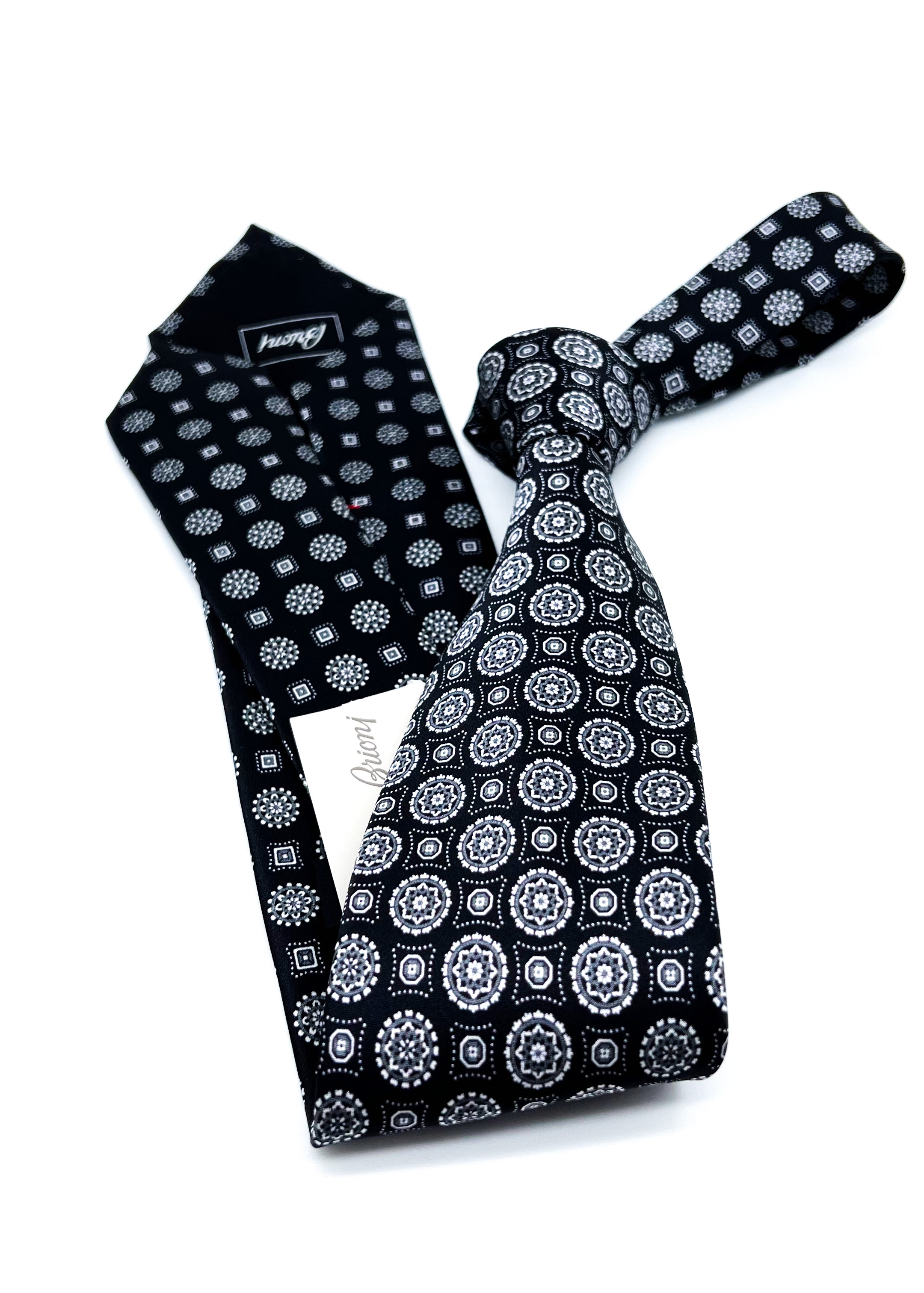 $240 BRIONI - Gradient Medallion Pattern Black n White Silk 3" - Tie