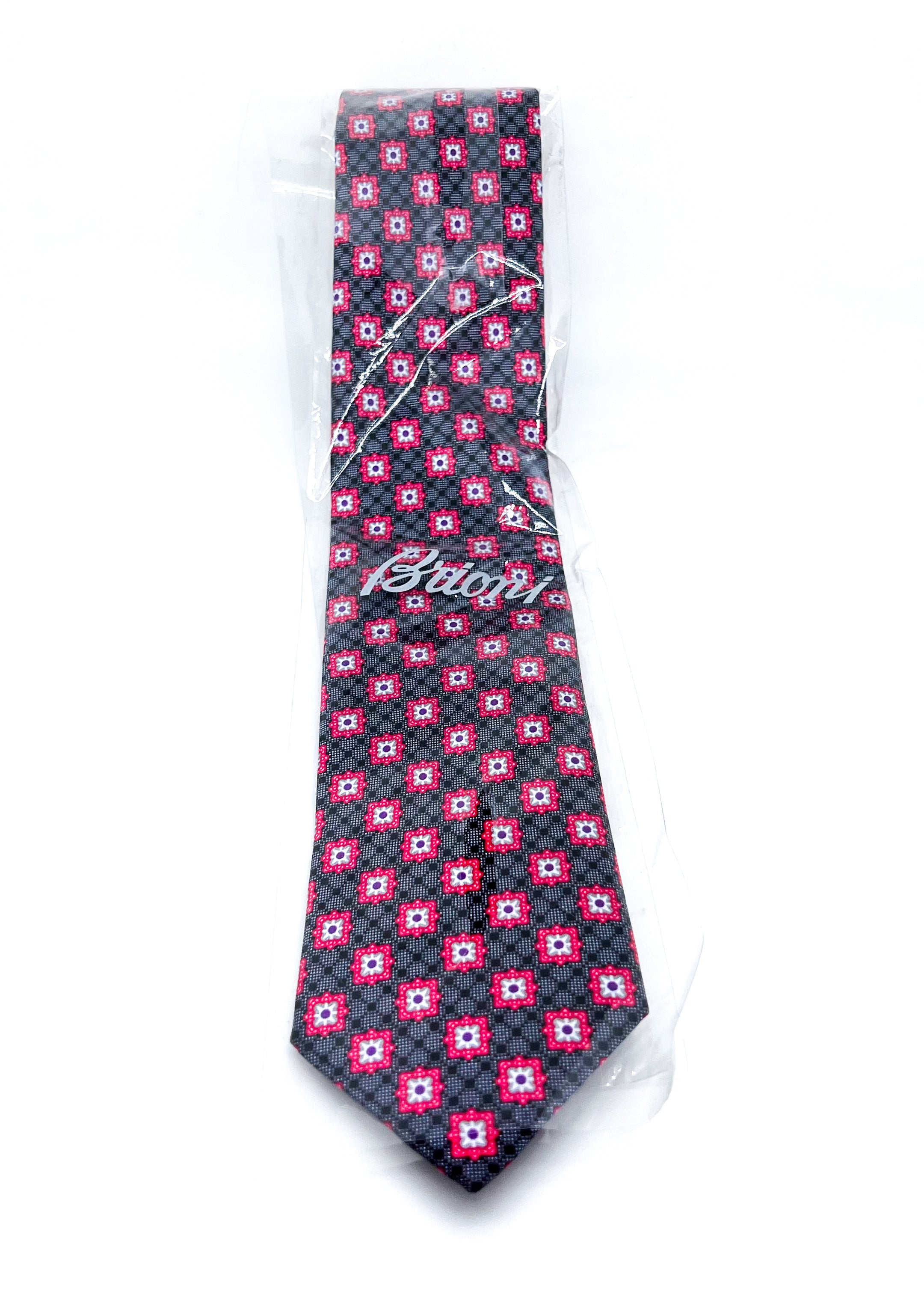 $240 BRIONI - Floral Intricate Red & Gray Pattern Silk 3" - Tie