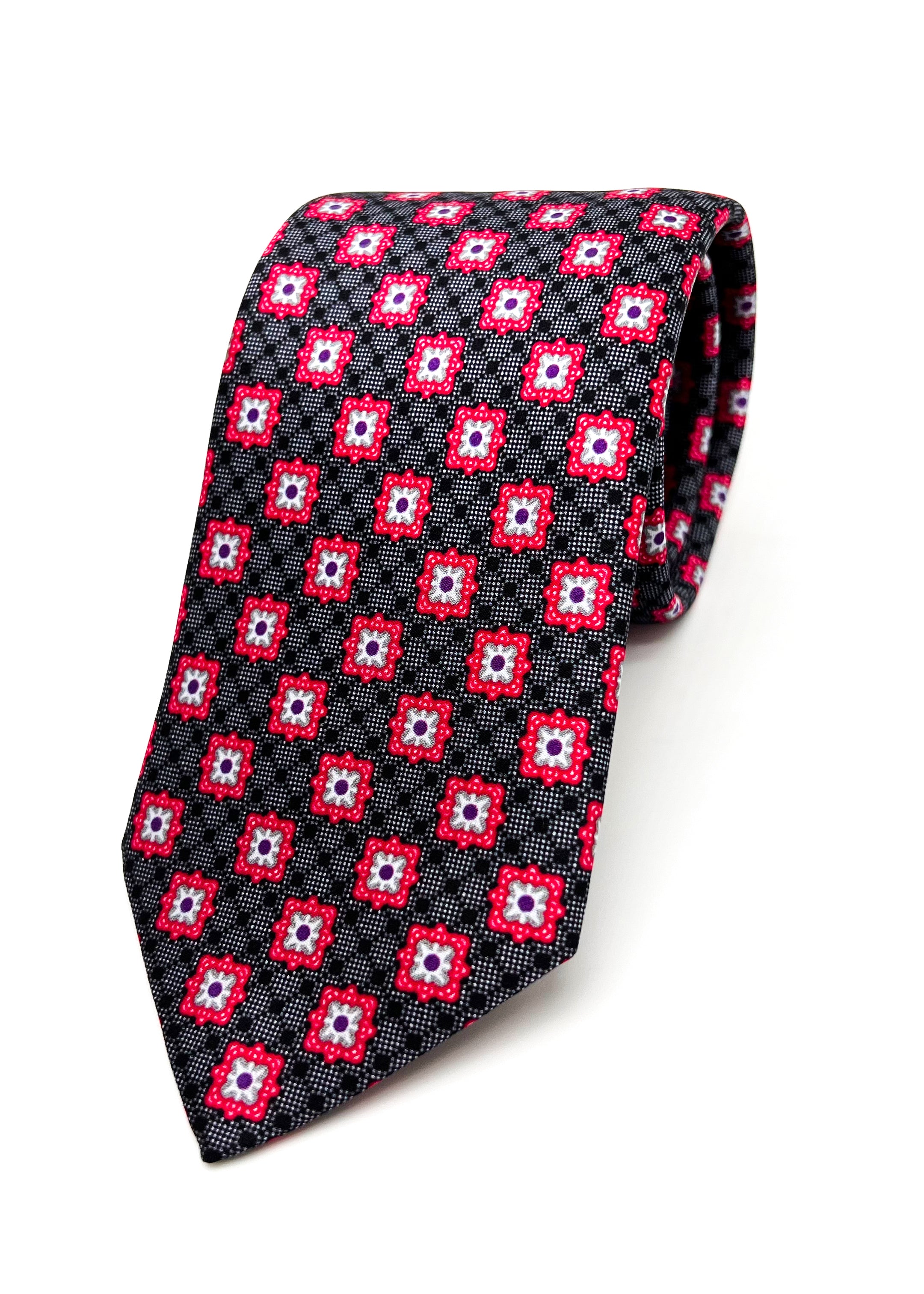 $240 BRIONI - Floral Intricate Red & Gray Pattern Silk 3" - Tie