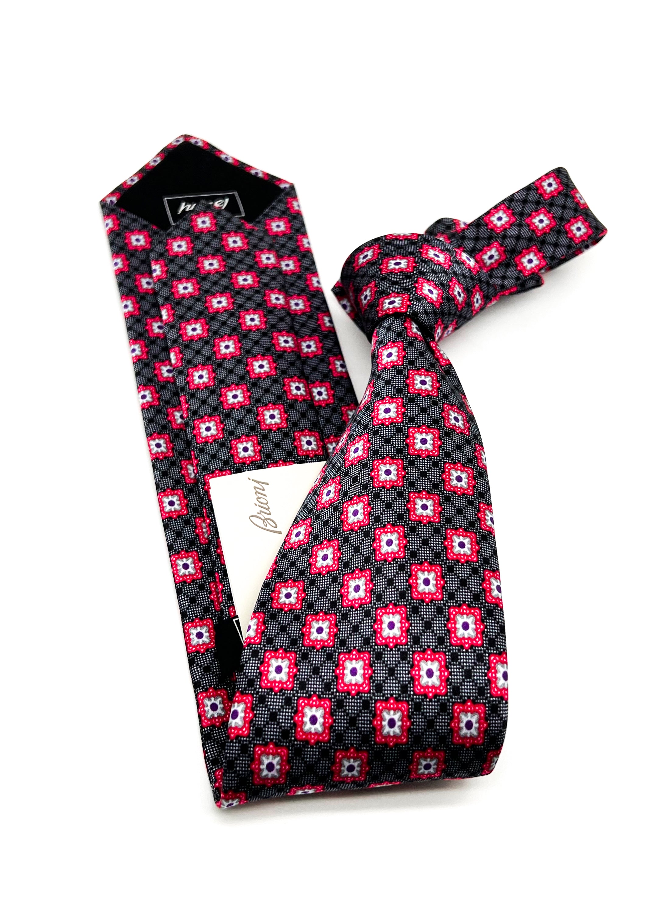 $240 BRIONI - Floral Intricate Red & Gray Pattern Silk 3" - Tie
