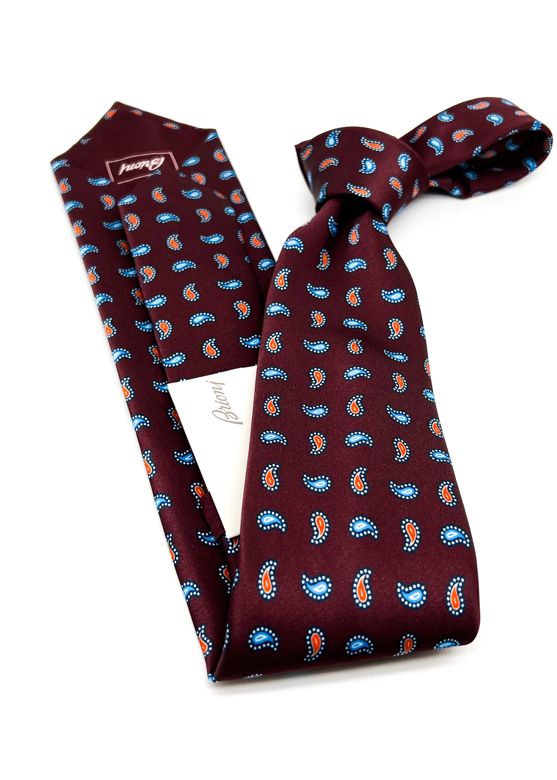$240 BRIONI - Paisley Burgundy & Blue Tie Silk 3" - Tie