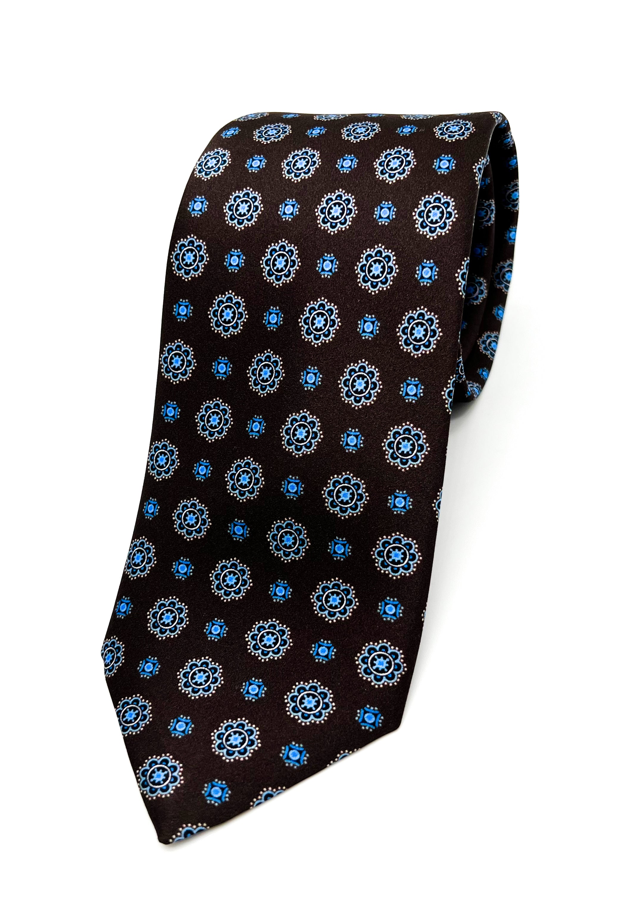 $240 BRIONI - Geometric Floral Brown & Blue Tie Silk 3" - Tie