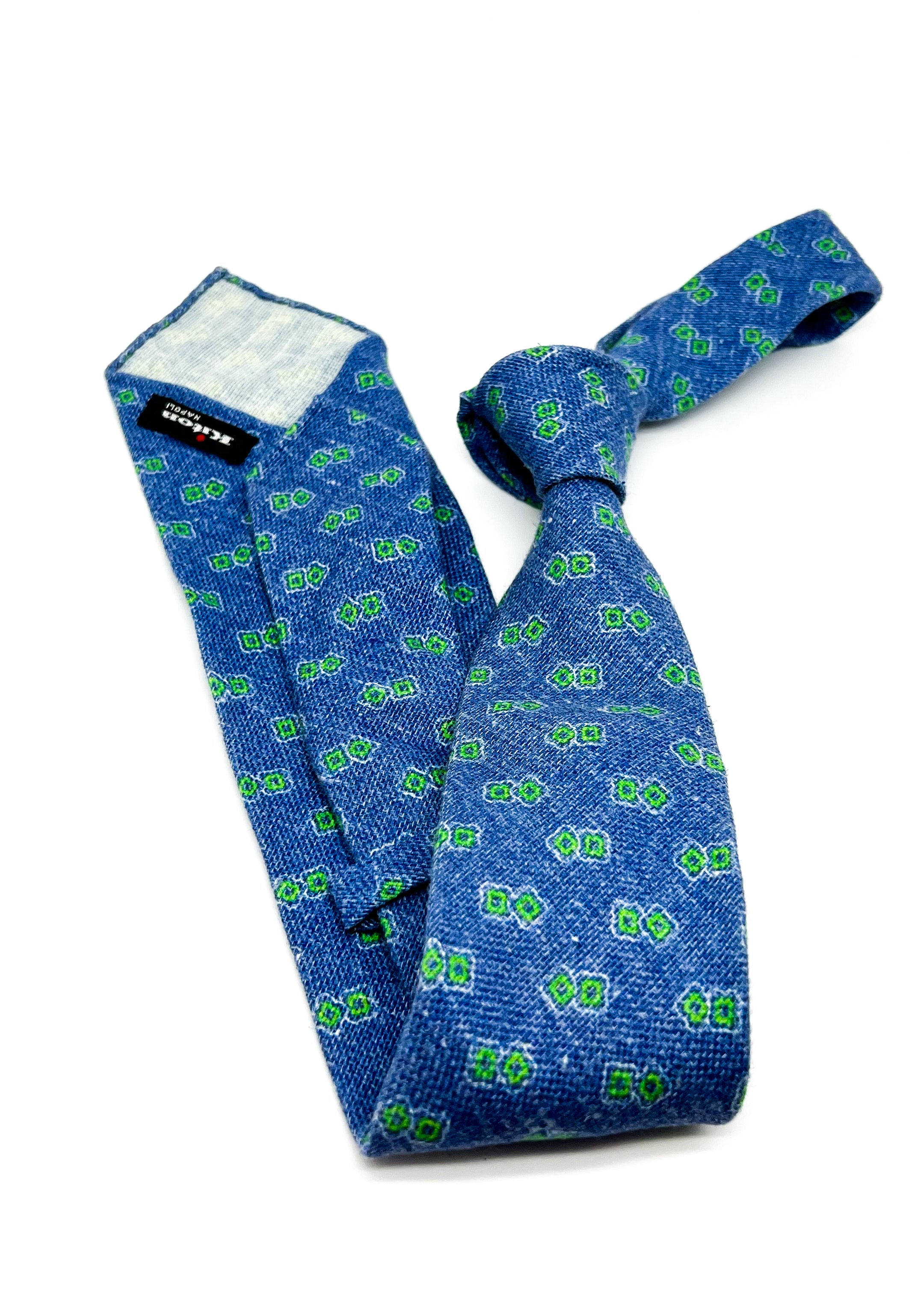 $285 KITON - NAPOLI *LINEN / CASHMERE / SILK* Blue & Green 3.25" - Tie