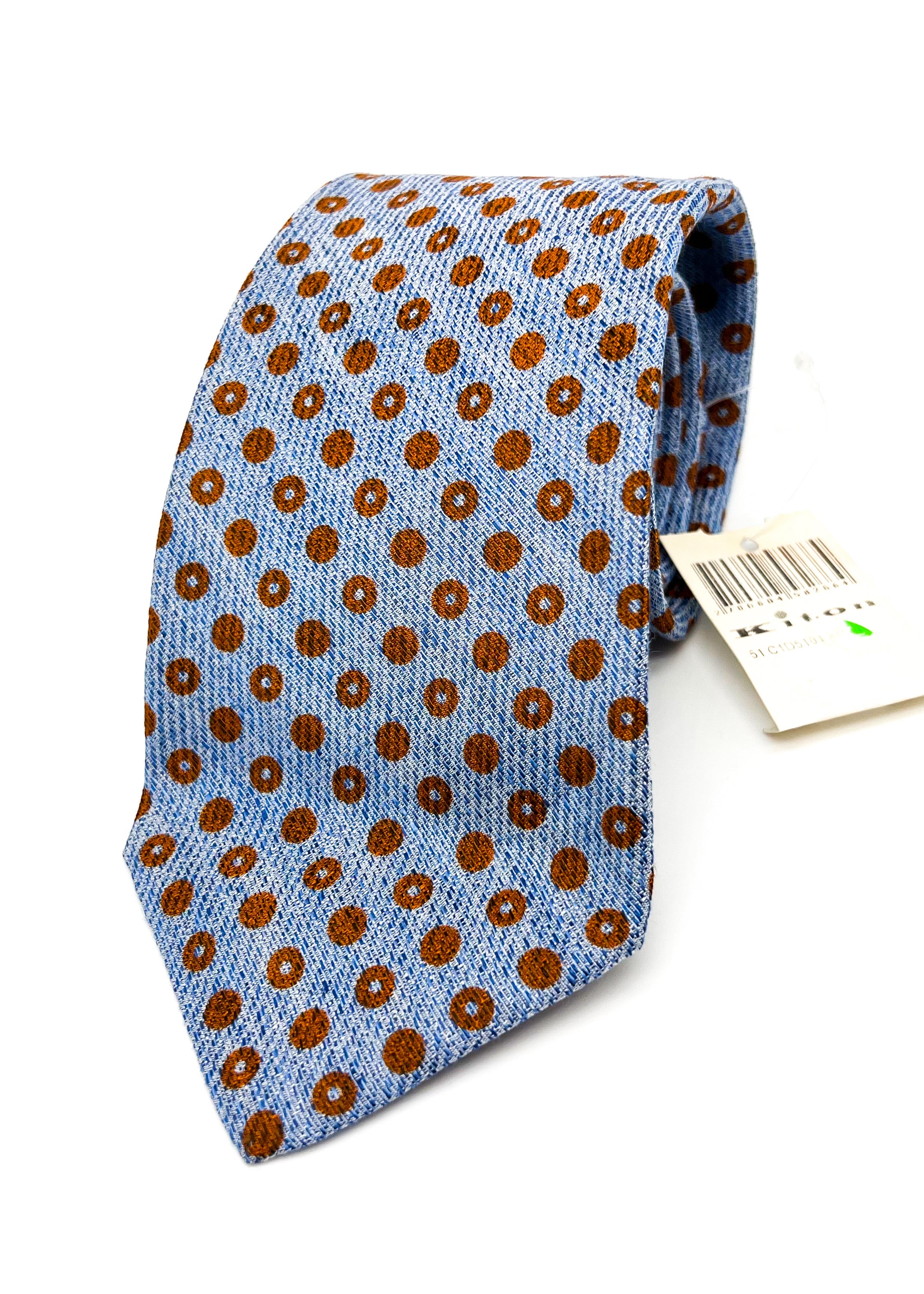 $285 KITON - NAPOLI *LINEN / SILK* Blue & Brown Alternating Polka Dot 3.25" - Tie
